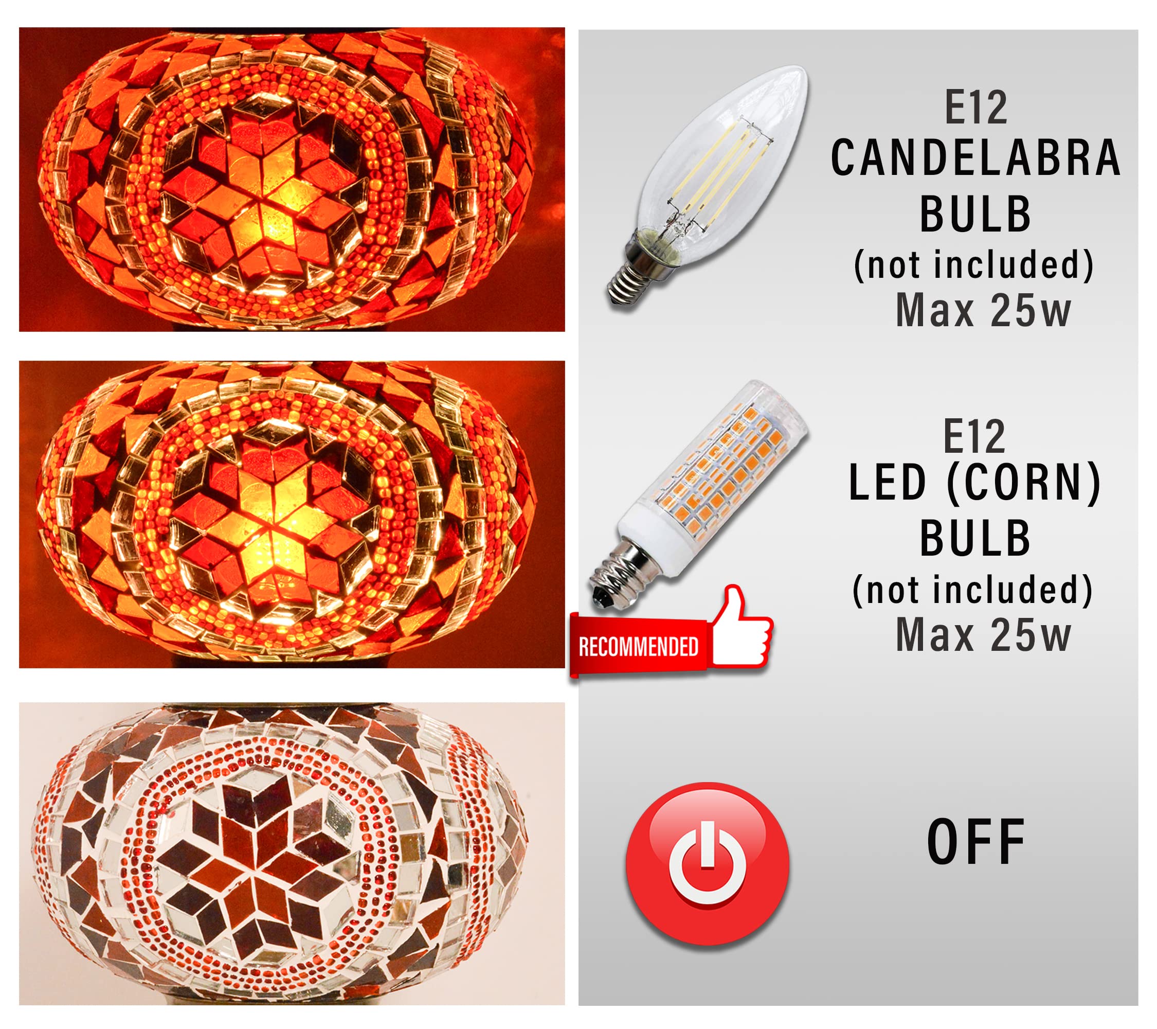 Handmade Turkish Mosaic Crescent Moon Table Lamp - Moroccan Boho Farmhouse Decor with E12 Socket & US Plug (Orange & Red) | Perfect for Bedroom Nightstand, Living Room Accent Lighting & Cozy Home Decor