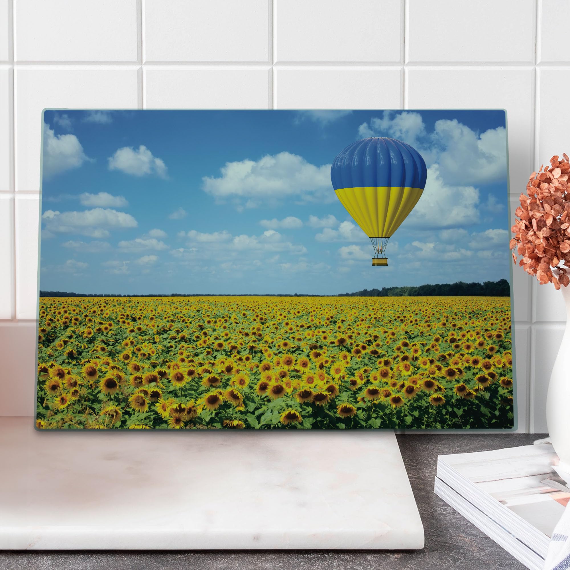 Ambesonne Hot Air Balloon Tempered Glass Cutting Board - Sunflower Field & Cloud Sky Design - Large Decorative Serving Tray for Kitchen, Charcuterie & Cheese Platter - Sky Blue & Yellow Artwork - Perfect for Entertaining, Housewarming Gifts & Home Decor