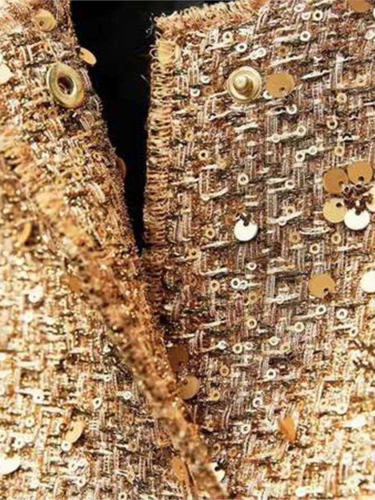 Elegant Gold Sequin Women's Short Jacket with Covered Buttons - Long Sleeve Loose Fit Coat for Autumn | Casual Streetwear for Ladies | Perfect for Parties, Date Nights & Evening Outings