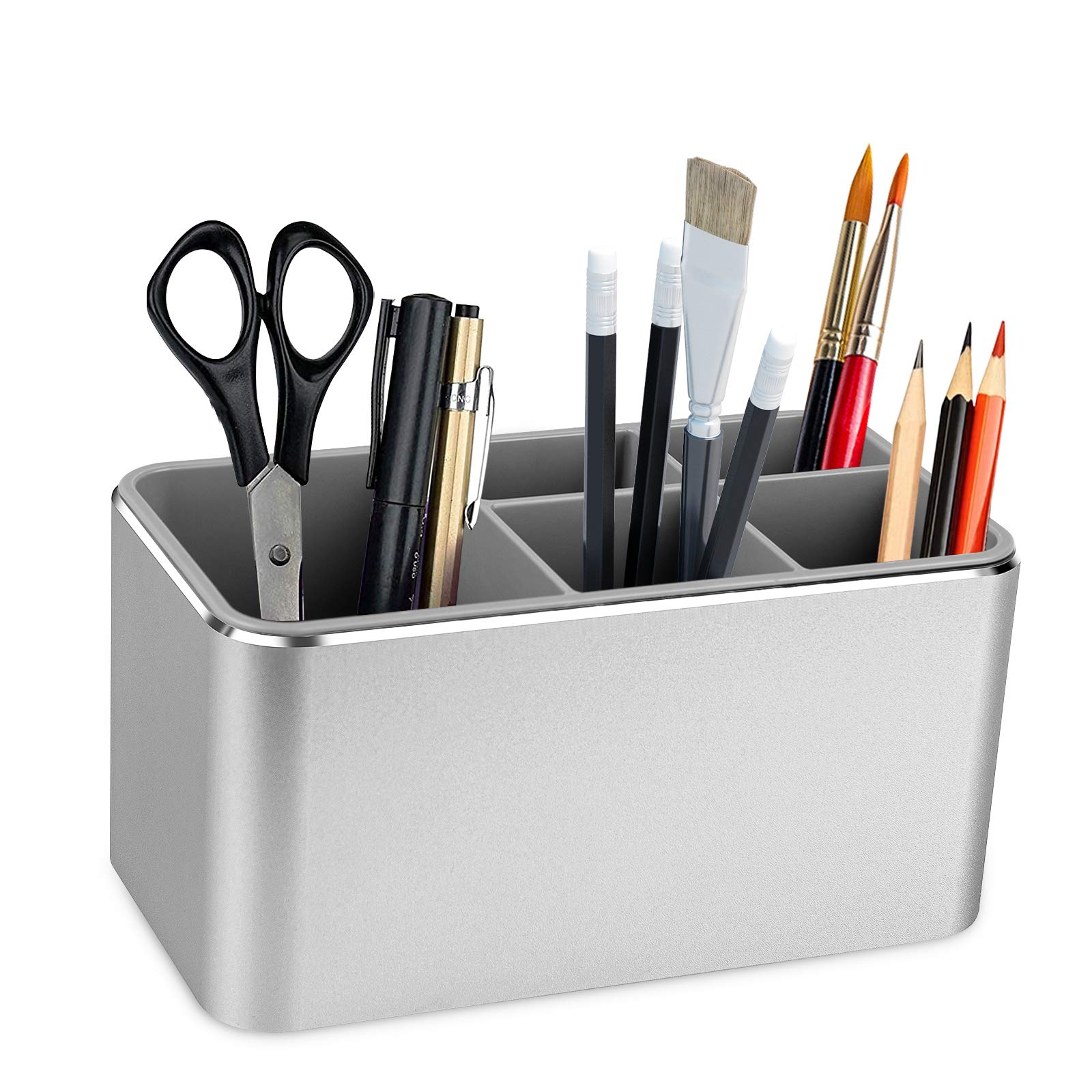 Premium Aluminum Alloy Pen & Pencil Holder - 5 Slot Desk Organizer for Office, Vanity & Bathroom Storage (Silvery) | Perfect for Countertops, Workstations & Makeup Areas