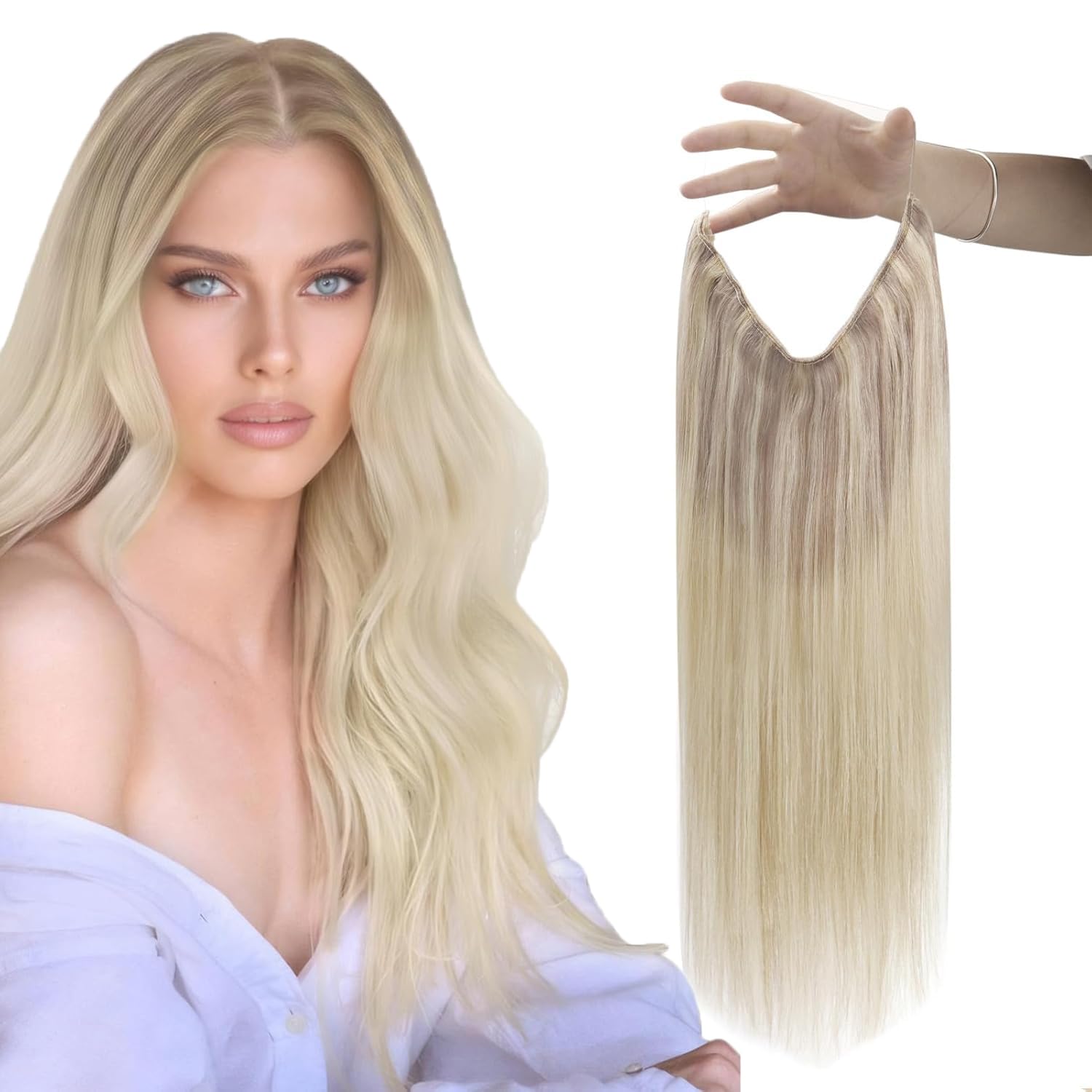 Sunny Wire Hair Extensions - 100% Real Human Hair, Invisible Fish Line Extensions - Ash Blonde to Platinum Blonde #18/22/60 - 20 Inch - Perfect for Parties, Weddings & Everyday Styling