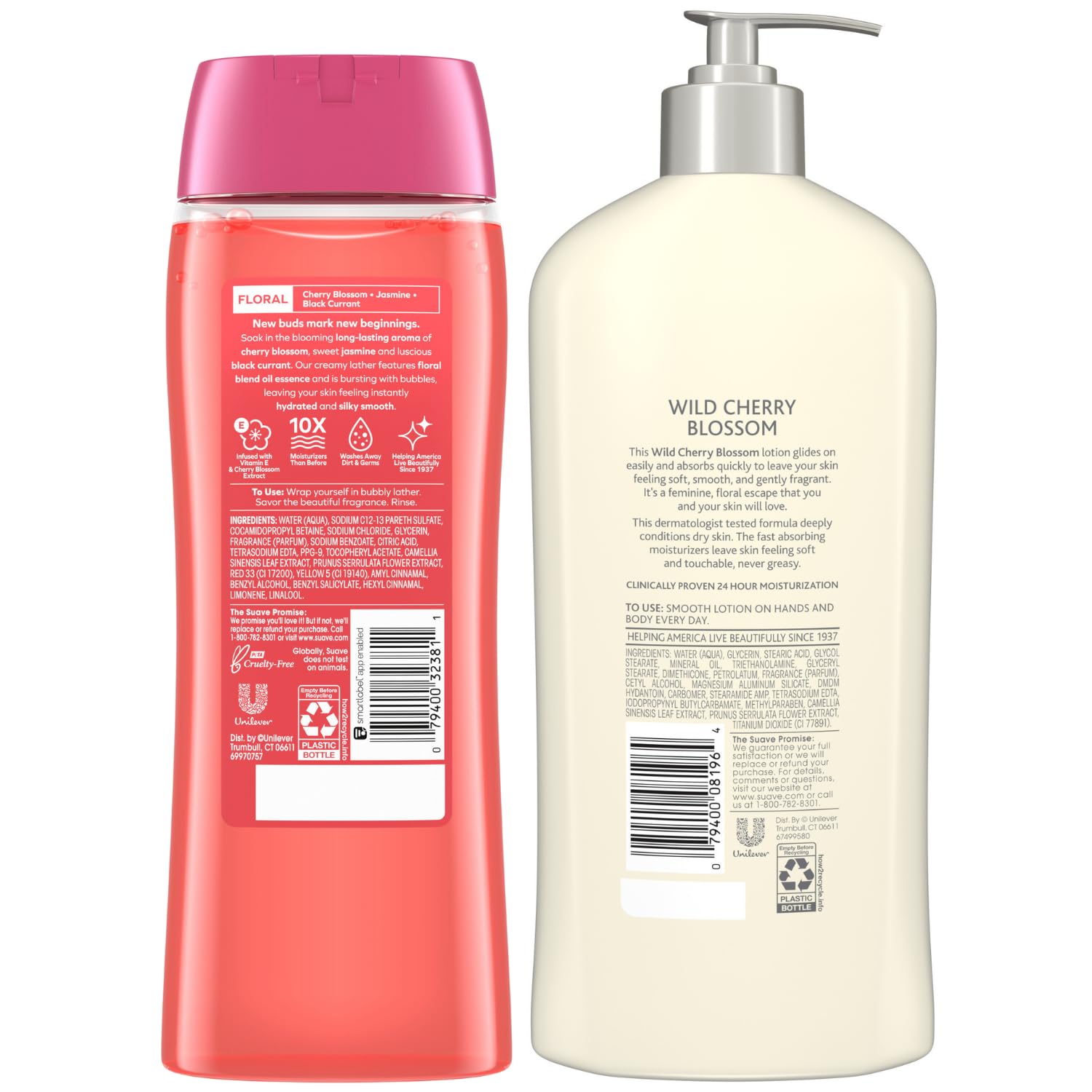 Suave Wild Cherry Blossom Body Wash & Lotion Set - 2 Pack with Vitamin E, Moisturizing & Gentle Formula (18 Oz Each) for Daily Shower & Skin Hydration