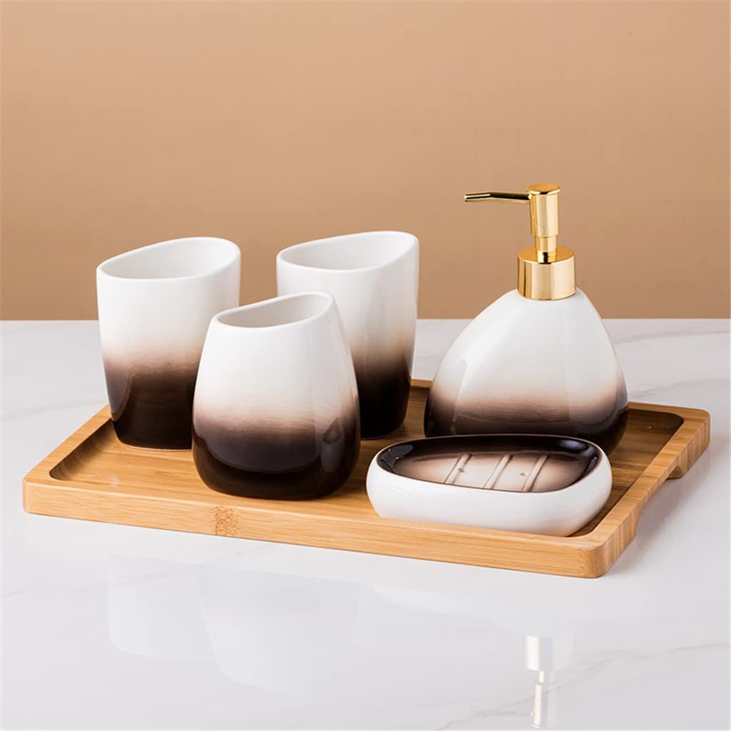 Ceramic Toothbrush Holder & Mouthwash Cup Set - Bathroom Organizer with Shampoo Dispenser for Countertop Storage | Modern Toilet Decor Accessories for Home, Apartment & Guest Bathroom Organization