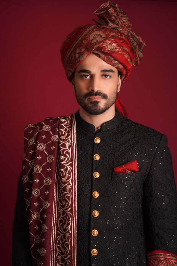 Elegant Jet Black Turkish Mughal Hybrid Artwork Sherwani for Men | Traditional Wedding & Festive Sherwani Outfit | Perfect for Weddings, Eid & Special Occasions