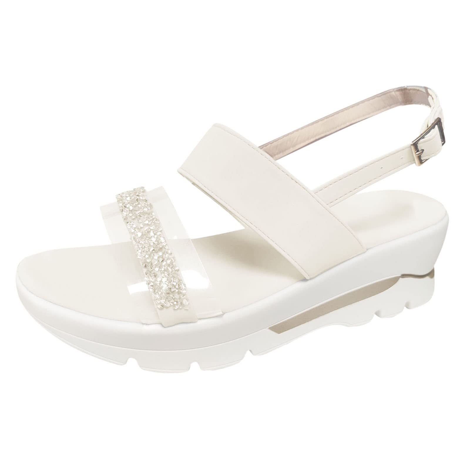 Sparkling Rhinestone Platform Wedge Sandals for Women - Glittery Buckle Casual Flats with Solid Color Design | Perfect for Summer Outings, Beach Vacations & Party Events