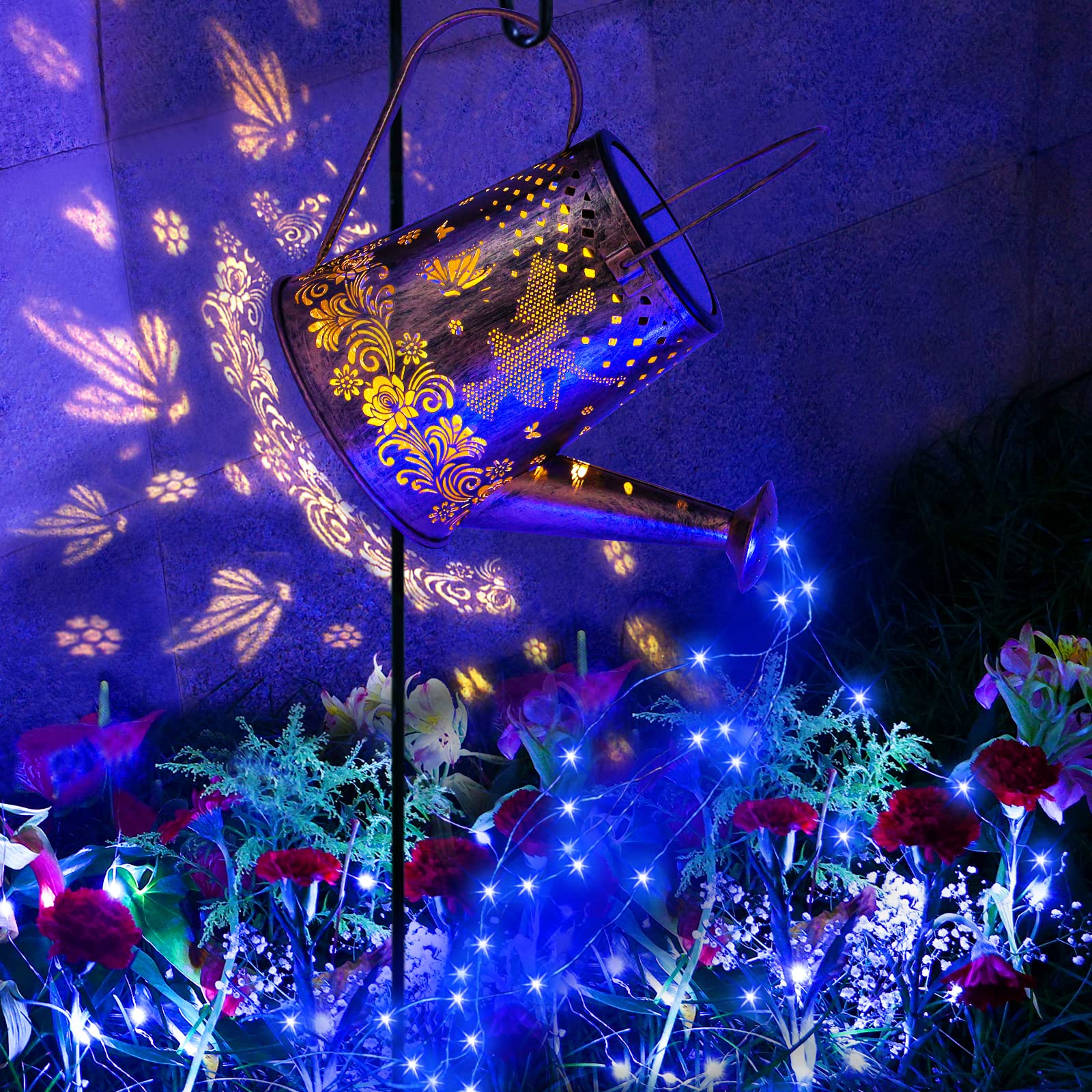 Solar Watering Can Fairy Lights with Butterfly Decor - Outdoor Hanging Waterfall Lights for Garden, Patio, Yard, Pathway - Blue LED Star Shower Art for Romantic Evenings & Special Occasions