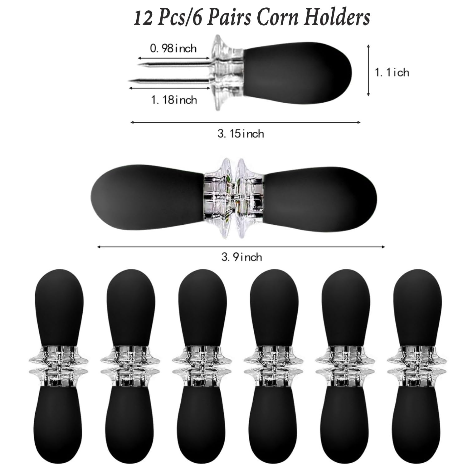 12-Piece Stainless Steel Corn on the Cob Holders Set - 6 Pairs with Interlocking Safety Design, Corn Skewers Forks for Grilling, BBQ, Parties & Camping - Perfect for Summer Cookouts, Picnics & Family Gatherings (Black)