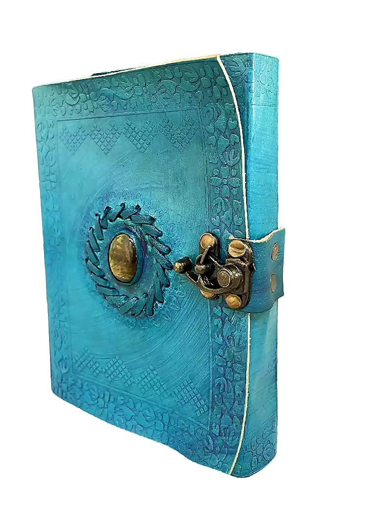 Handmade Leather Journal - 5 x 7 Inch Unlined Blank Book Grimoire, Book of Shadows & Spell Book with Turquoise Tiger Eye Cover | Perfect for Wiccan Rituals, Witchcraft, Journaling & Gift Giving