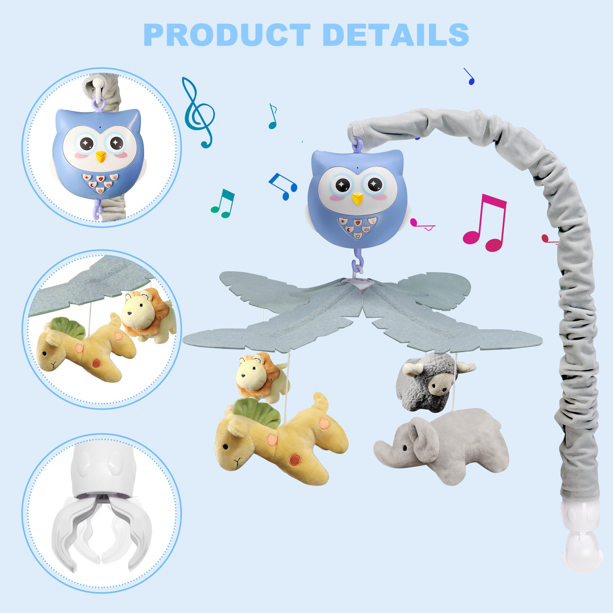 Baby Crib Mobile with Music & Lights - Musical Animal Mobile for Boys & Girls - Portable Hanging Crib Toy for Bassinet & Pack n Play - Perfect for Nursery Decor & Soothing Newborns to Sleep