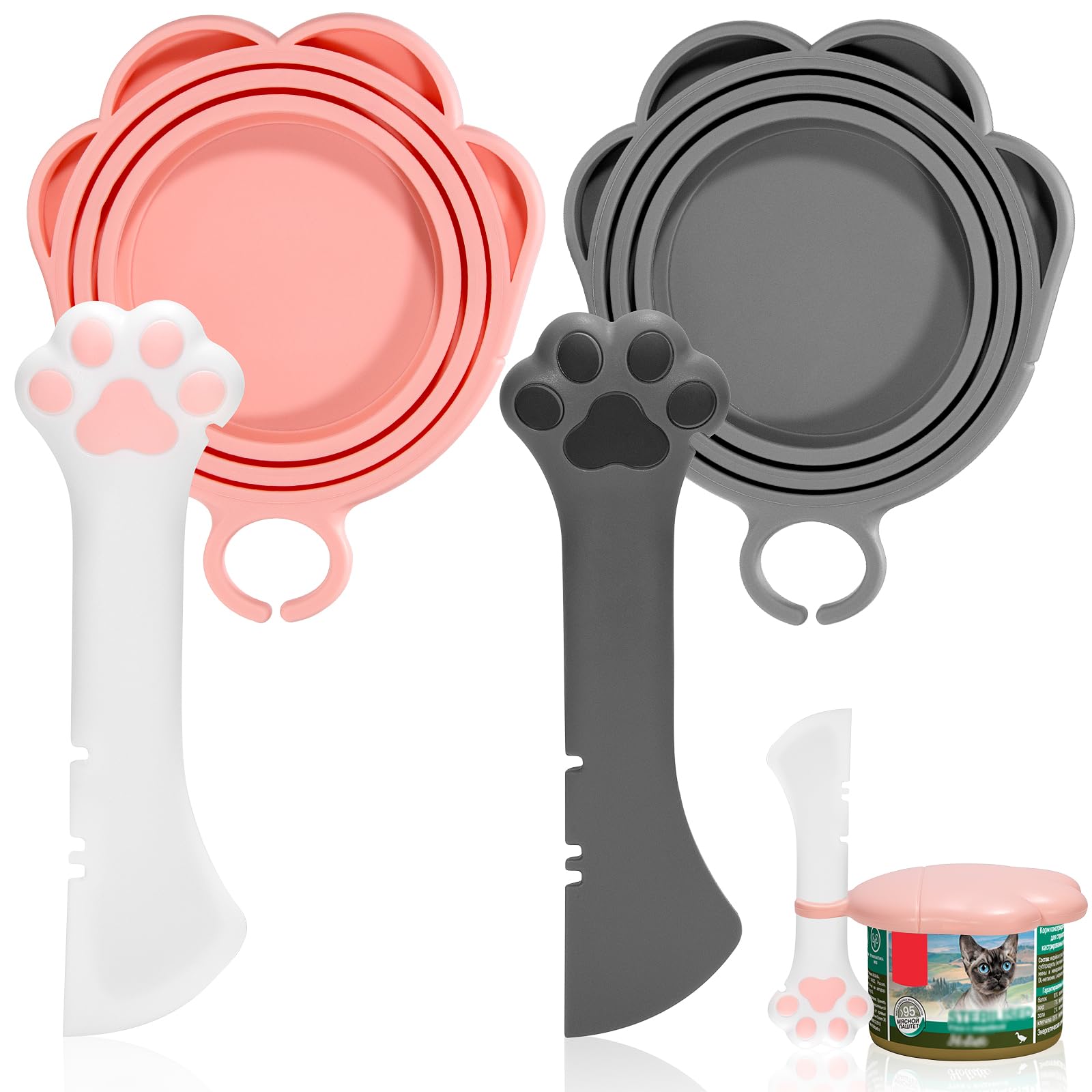 Fdceligoo 4-Pack Silicone Cat Food Can Cover Lids with Spoon & Manual Can Opener - Universal Fit for Standard Pet Food Cans, Dishwasher Safe - Perfect for Freshness Storage & Easy Feeding at Home or Travel