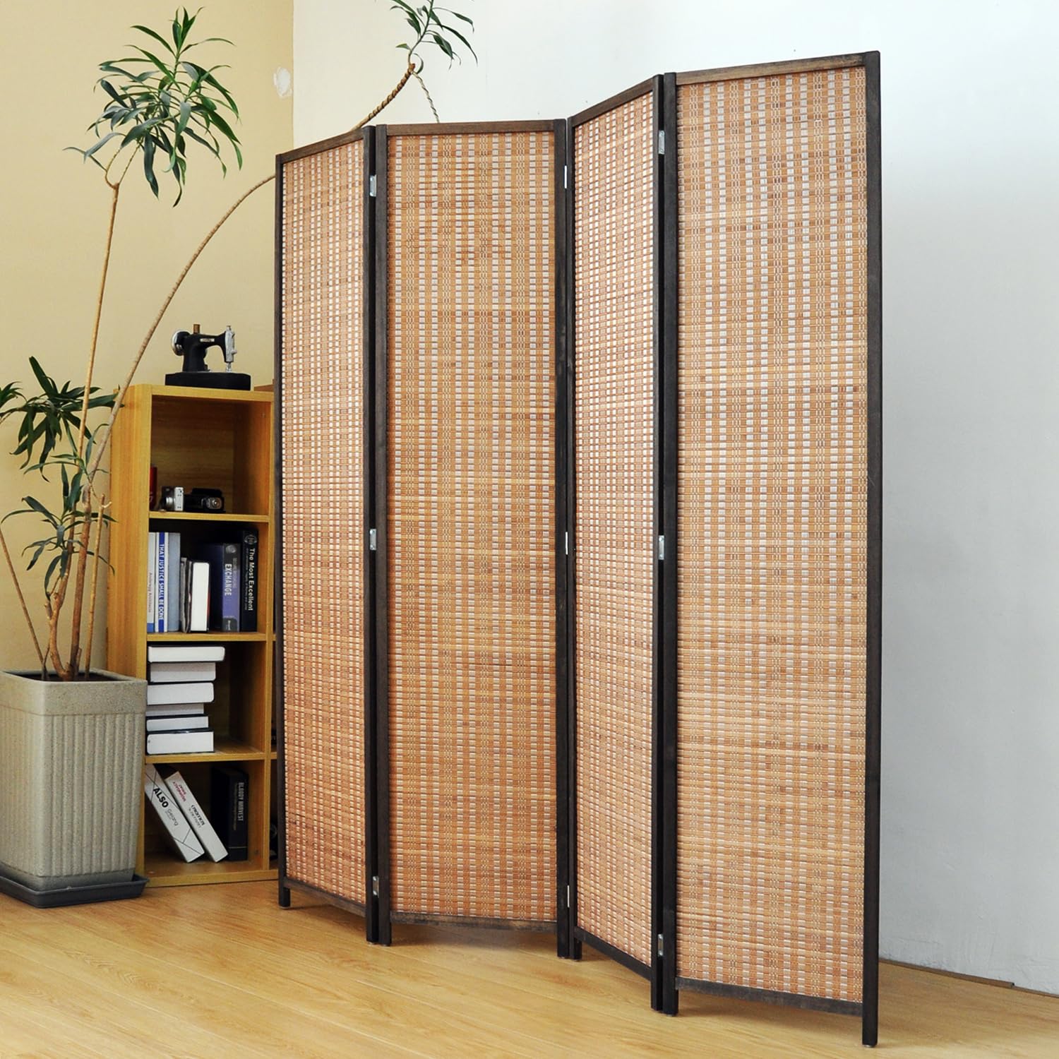 5.6 FT Tall 4-Panel Bamboo Room Divider Screen - Freestanding Folding Privacy Partition for Home, Office & Bedroom - Natural Brown Room Separator for Indoor Spaces, Yoga Studios and Event Decor