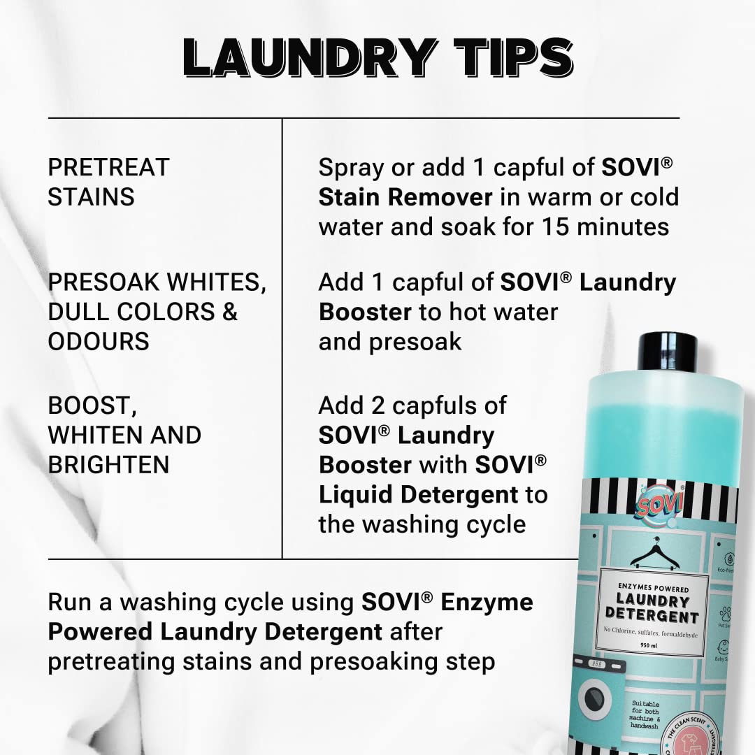 SOVI Bio Enzyme Liquid Laundry Detergent - Eco-Friendly & Biodegradable for Front Load & Top Load Washing Machines (950ml) - Fresh Clean Scent - Ideal for Sensitive Skin & Sustainable Home Cleaning