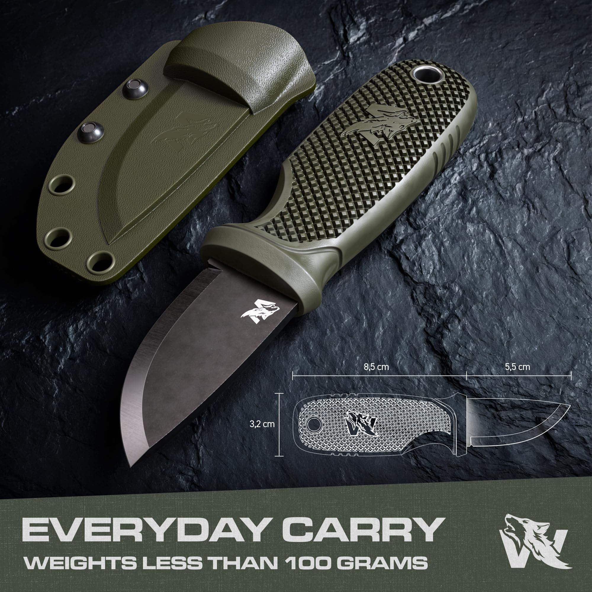 W-MINI 2 - Compact EDC Neck Knife with Sheath - Tactical Fixed Blade Knife for Outdoor Survival, Camping & Everyday Carry - Includes Necklace, Belt Clip & Fire Starter - Full Tang Design for Durability