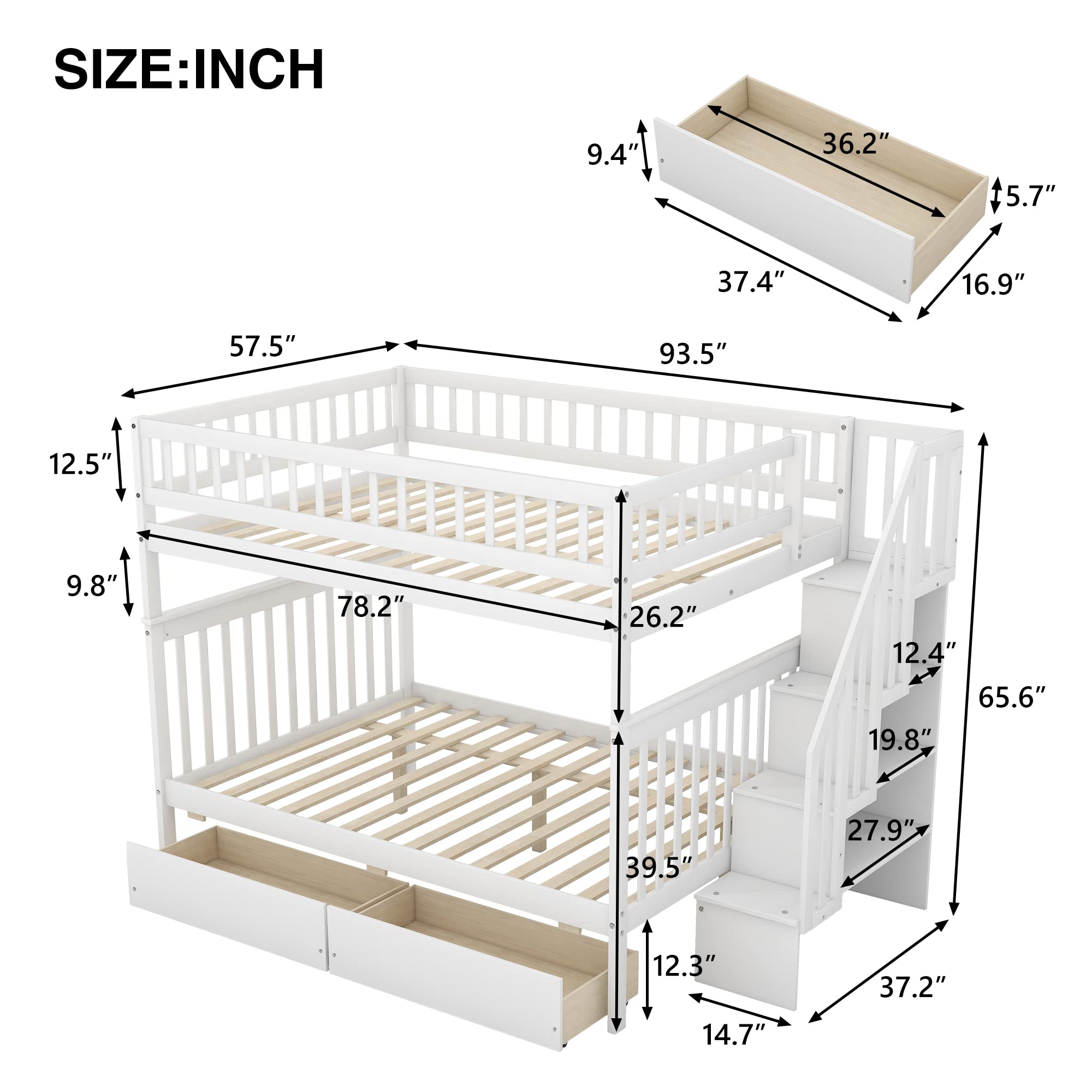Harper & Bright Designs Full Over Full Bunk Bed with Stairs - Wooden Bunk Beds with 2 Drawers & Storage - Sturdy Twin Bunk Bed for Kids, Teens & Adults - White - Perfect for Small Rooms, Guest Rooms & Vacation Homes