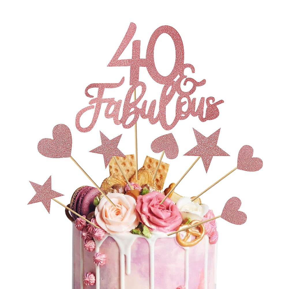 40 & Fabulous Cake Topper Set - 13pcs 40th Birthday Party Decorations for Women, Cheers Happy Anniversary Cake Decor - Perfect for 40th Birthday Cakes, Cupcakes & Dessert Tables