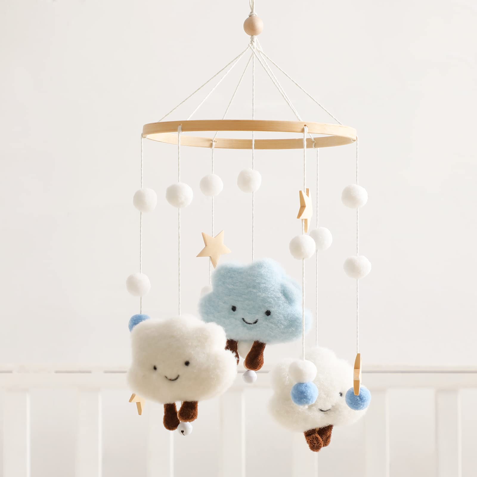**Wooden Baby Crib Mobile - Handmade Neutral Wind Chime Bed Bell with Clouds Design, Nursery Ceiling Decor for Boys & Girls (Blue) | Perfect for Newborn Gifts & Nursery Room Decoration**