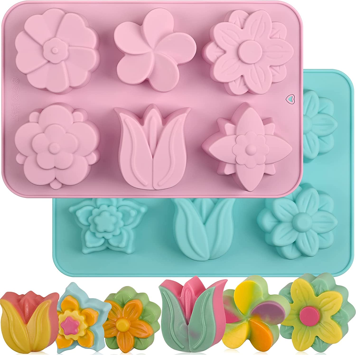 Premium 6-Cavity Silicone Flower Soap Mold Set - Non-Stick Tulip & Daisy Molds for DIY Soap, Candles, Chocolates, Resin Crafts - Perfect for Bath Bombs, Ice Cubes & Home Decor (6 Floral Designs)