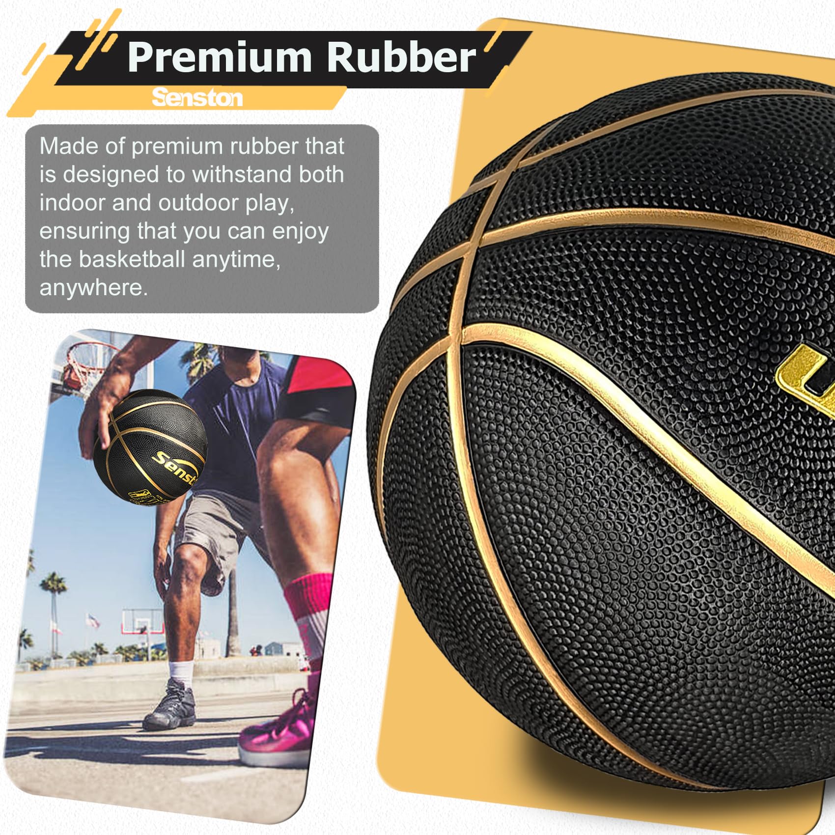 Senston 29.5'' Official Size 7 Rubber Basketball - Indoor & Outdoor Street Basketball with Air Pump - Perfect for Training, Games & Playground Use