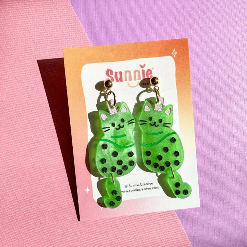Cute Boba Cat Dangle Acrylic Earrings for Women - Kawaii Animal Jewelry Gift for Cat Lovers - Perfect for Casual Wear, Parties & Everyday Accessories