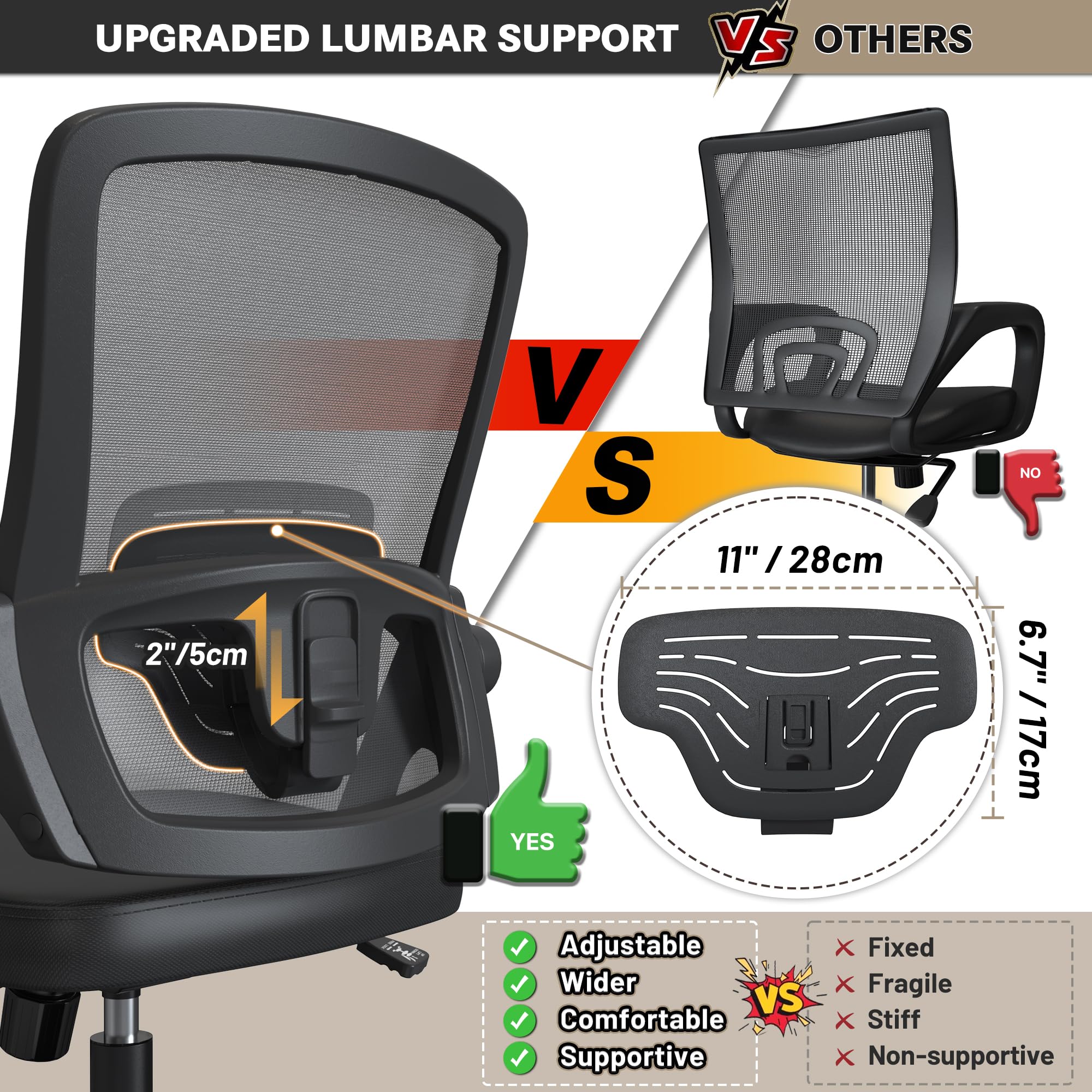 Ergonomic Mesh Office Chair with Adjustable Lumbar Support - Swivel Computer Desk Chair with Flip-Up Arms & Wheels - Comfortable Black Modern Chair for Home & Office Workspaces (Perfect for Long Hours of Work, Gaming, or Studying)