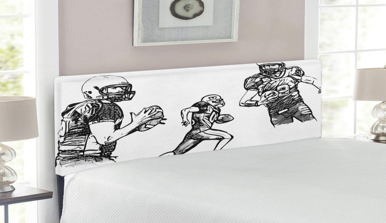 American Football Players Running Sketch Sports Headboard - Upholstered Decorative Metal Bed Frame with Memory Foam, Queen Size, Black & White - Perfect for Sports Themed Bedrooms, Game Rooms & Football Fan Gifts