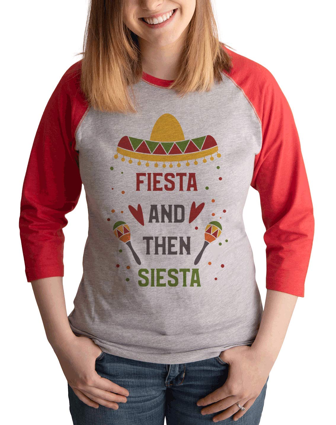 7 ate 9 Apparel Women's Fiesta Then Siesta Raglan Red T-Shirt - Soft Casual Tee for Women - Perfect for Parties, Festivals & Everyday Wear
