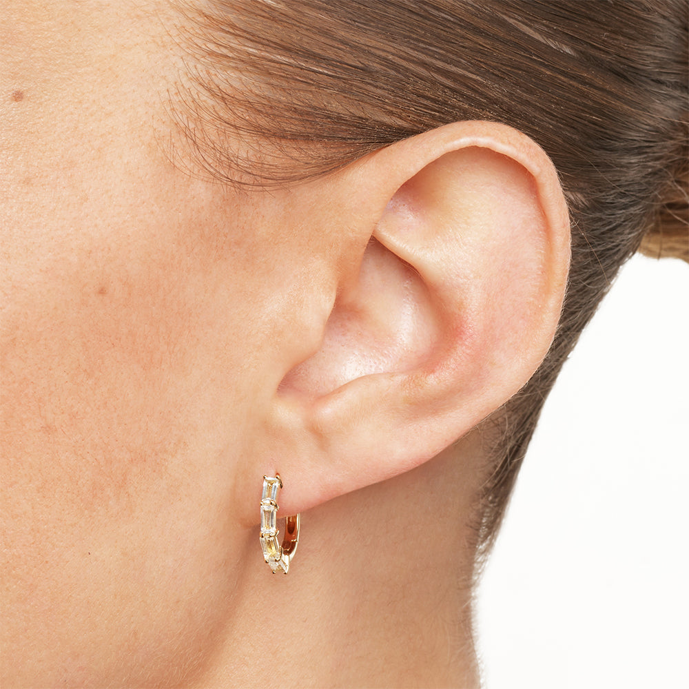 White Topaz Baguette Huggie Earrings in 14K Gold - Elegant Everyday Hoop Earrings for Women, Perfect for Work, Date Night & Special Occasions
