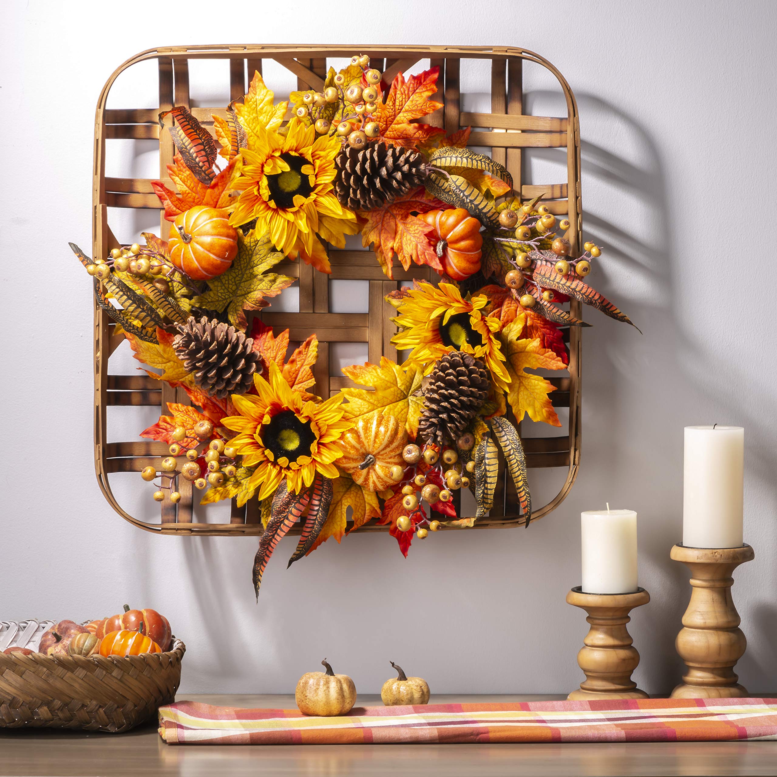 Glitzhome 24 Inch Dark Brown Square Tobacco Basket - Handwoven Bamboo Wall Decor for Farmhouse, Rustic & Boho Home Decor - Perfect for Living Room, Bedroom, or Kitchen Wall Display