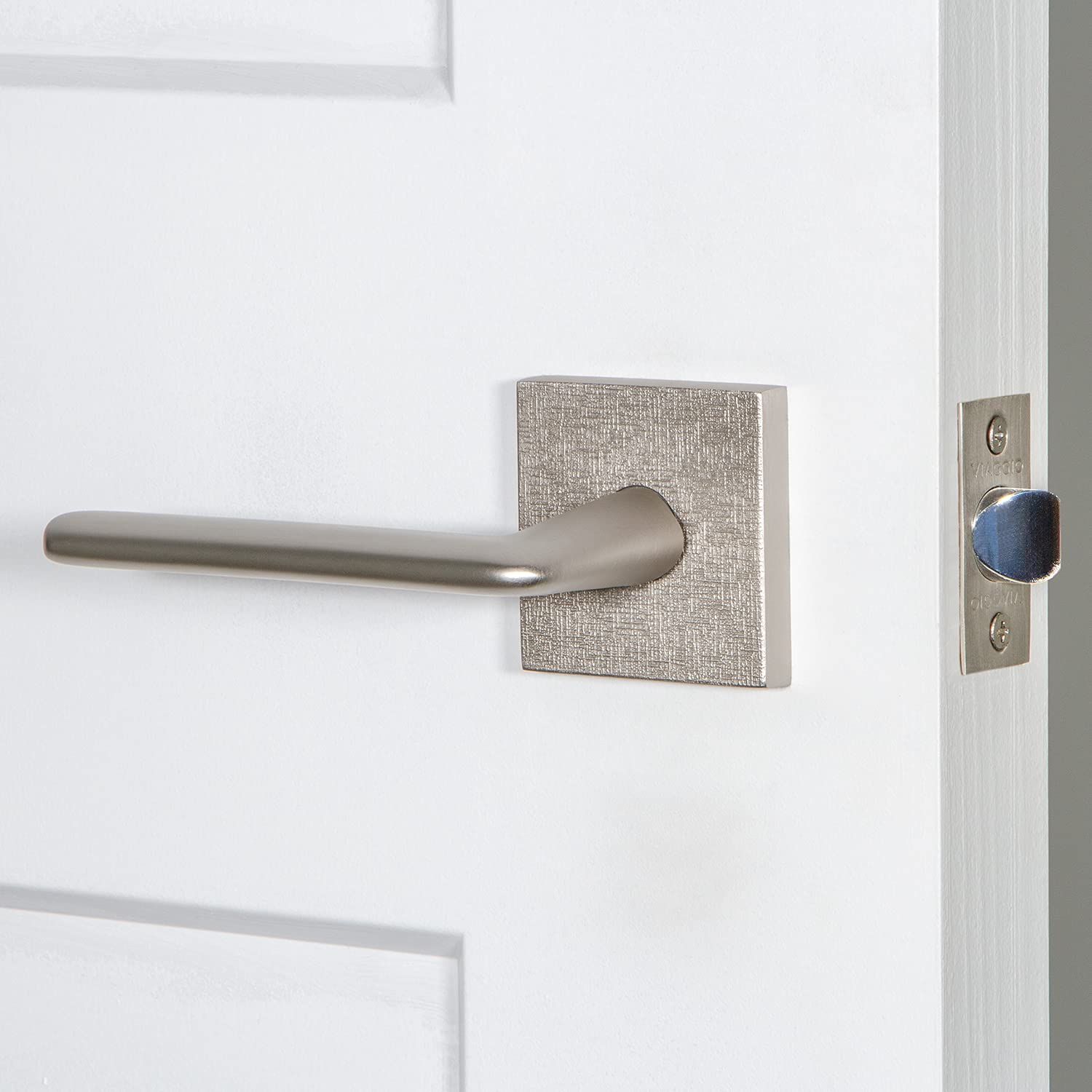 Viaggio Square Linen Rosette Passage Door Handle with Brezza Lever in Satin Nickel Finish - Right Handed for Bedroom, Bathroom & Interior Doors