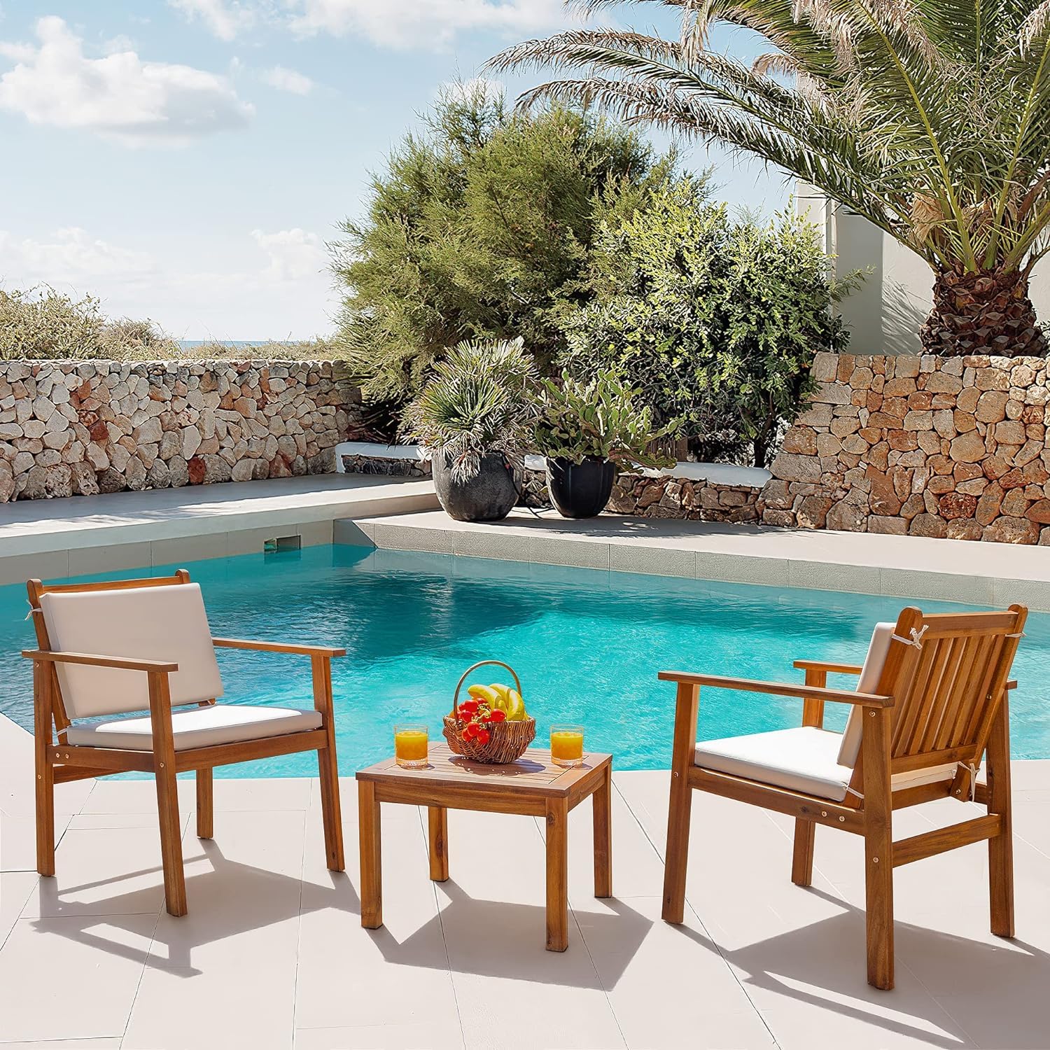 Devoko 3-Piece Acacia Wood Patio Furniture Set with Table & Cushions - Outdoor Conversation Seating for Porch, Balcony, Deck, Backyard - Beige - Perfect for Relaxing, Entertaining & Outdoor Dining