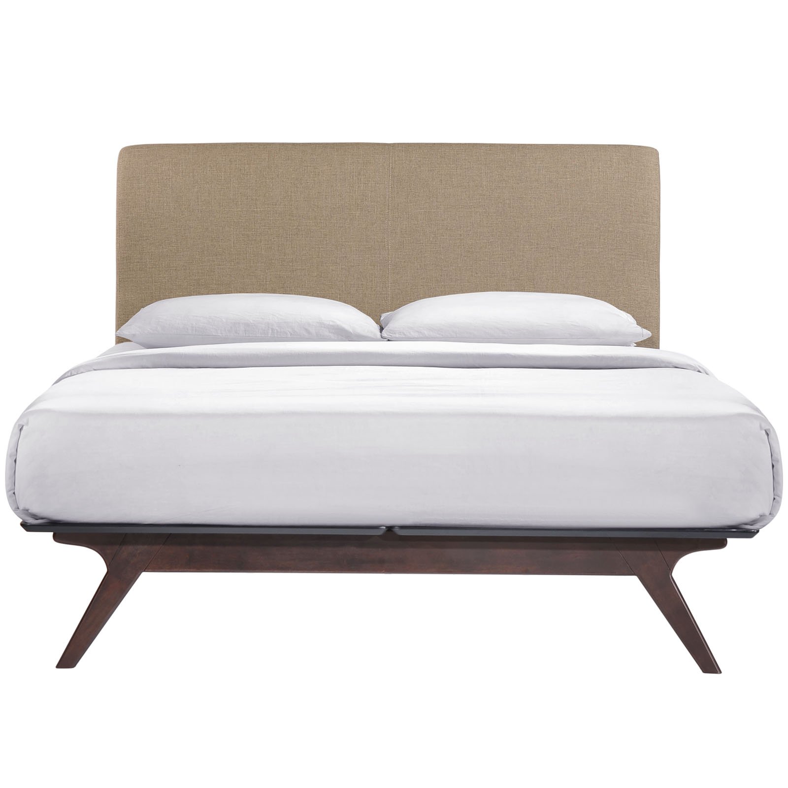 Modway Tracy Mid-Century Modern Wood Platform Queen Size Bed with Two Nightstands in Cappuccino Latte - Stylish Bedroom Furniture Set for Contemporary Home Decor