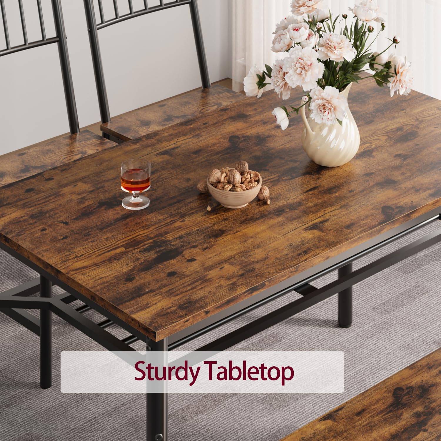4-Piece Retro Brown Dining Table Set with Wine Rack & Storage Benches - Space-Saving Rectangular Kitchen Table for Small Apartments | Perfect for Family Meals, Entertaining Guests & Compact Living Spaces