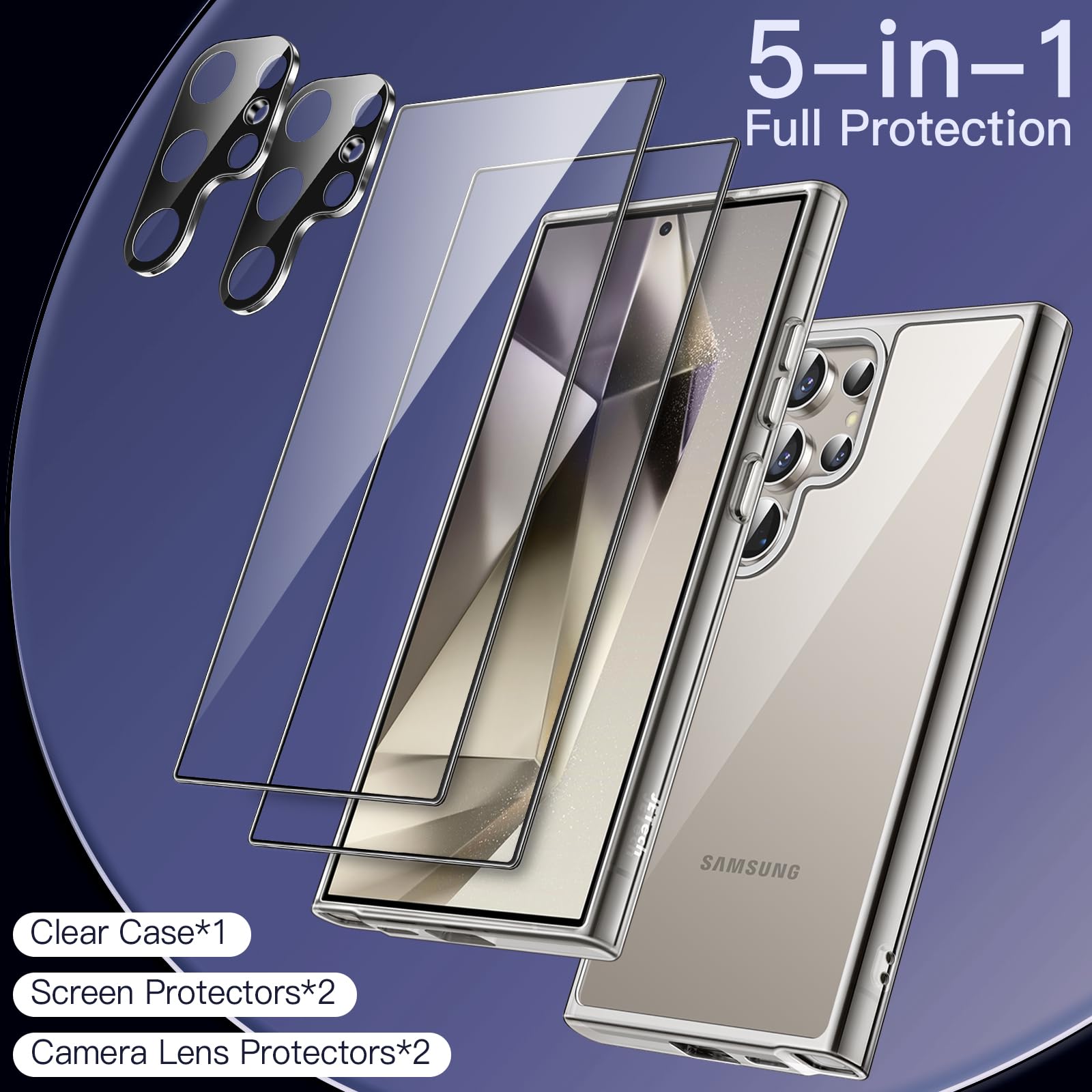 JETech 5-in-1 Protective Case for Samsung Galaxy S24 Ultra 5G - Includes 2 Tempered Glass Screen Protectors & Camera Lens Protector | Shockproof, Non-Yellowing Bumper Cover (Titanium Gray) | Perfect for Outdoor Activities, Travel & Daily Protection