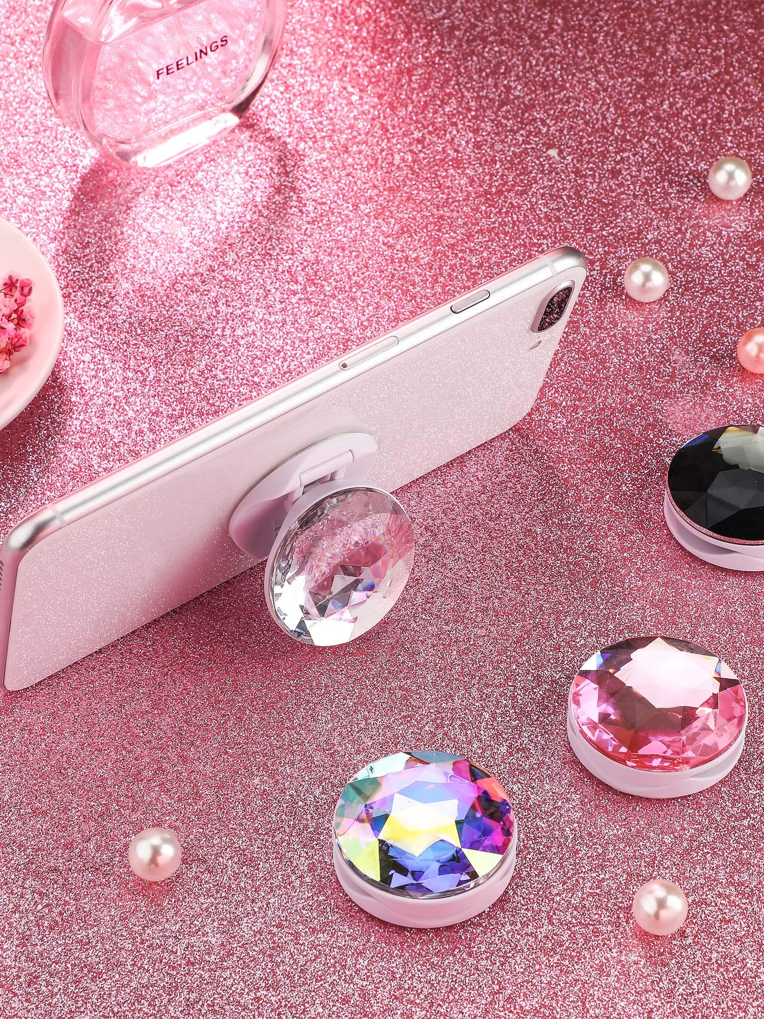 4-Pack Disco Crystal Phone Grip - Plastic Diamond Phone Holders with Adhesive, Foldable & Expandable Finger Stand Kickstand for iPhone Samsung (White, Pink, Black, Rainbow) - Perfect for Parties, Concerts & Daily Phone Use
