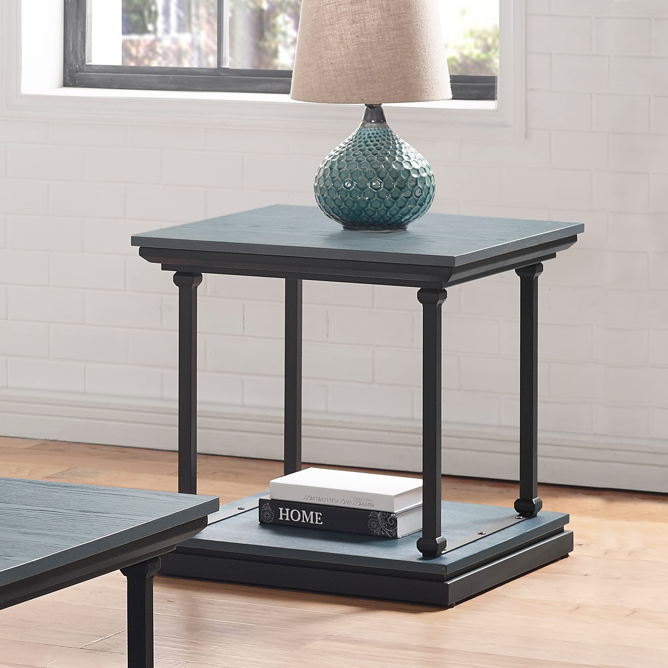 Ambridge Farmhouse Metal and Wood End Table with Storage - 24 Inch Square Side Table for Living Room, Bedroom - Antique Blue Finish - Perfect for Small Spaces, Home Decor and Farmhouse Style Interiors