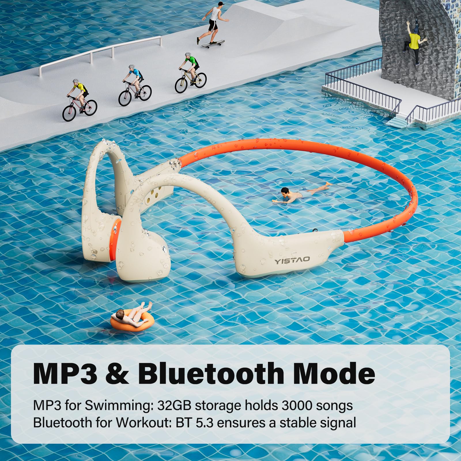 Wireless Bone Conduction Headphones with 32GB MP3 Player, Bluetooth 5.3, 8-Hour Playtime & IP68 Waterproof - Open Ear Design for Running, Cycling, Gym Workouts - Beige Orange Sports Headphones for Outdoor Activities