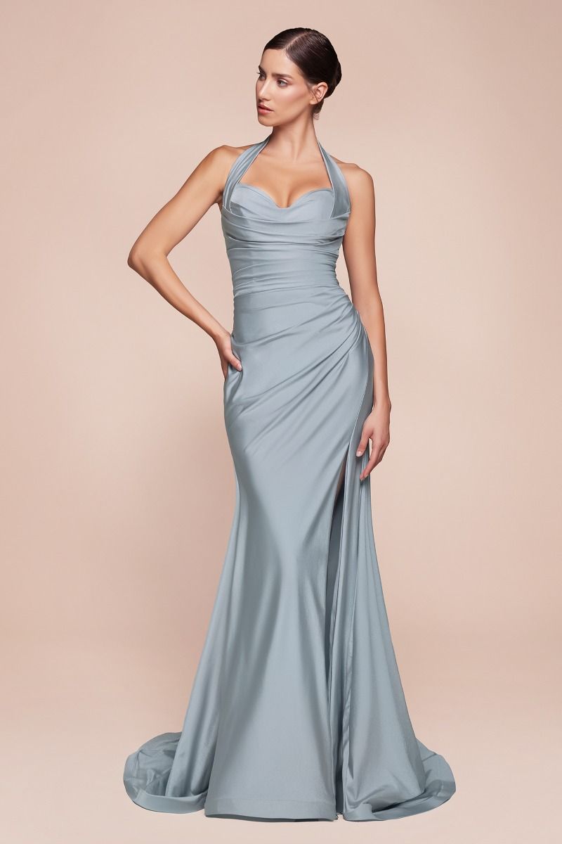 Elegant Dusty Blue Stretch Spandex Satin Halter Fitted Dress for Women | Perfect for Autumn Weddings, Parties & Special Occasions