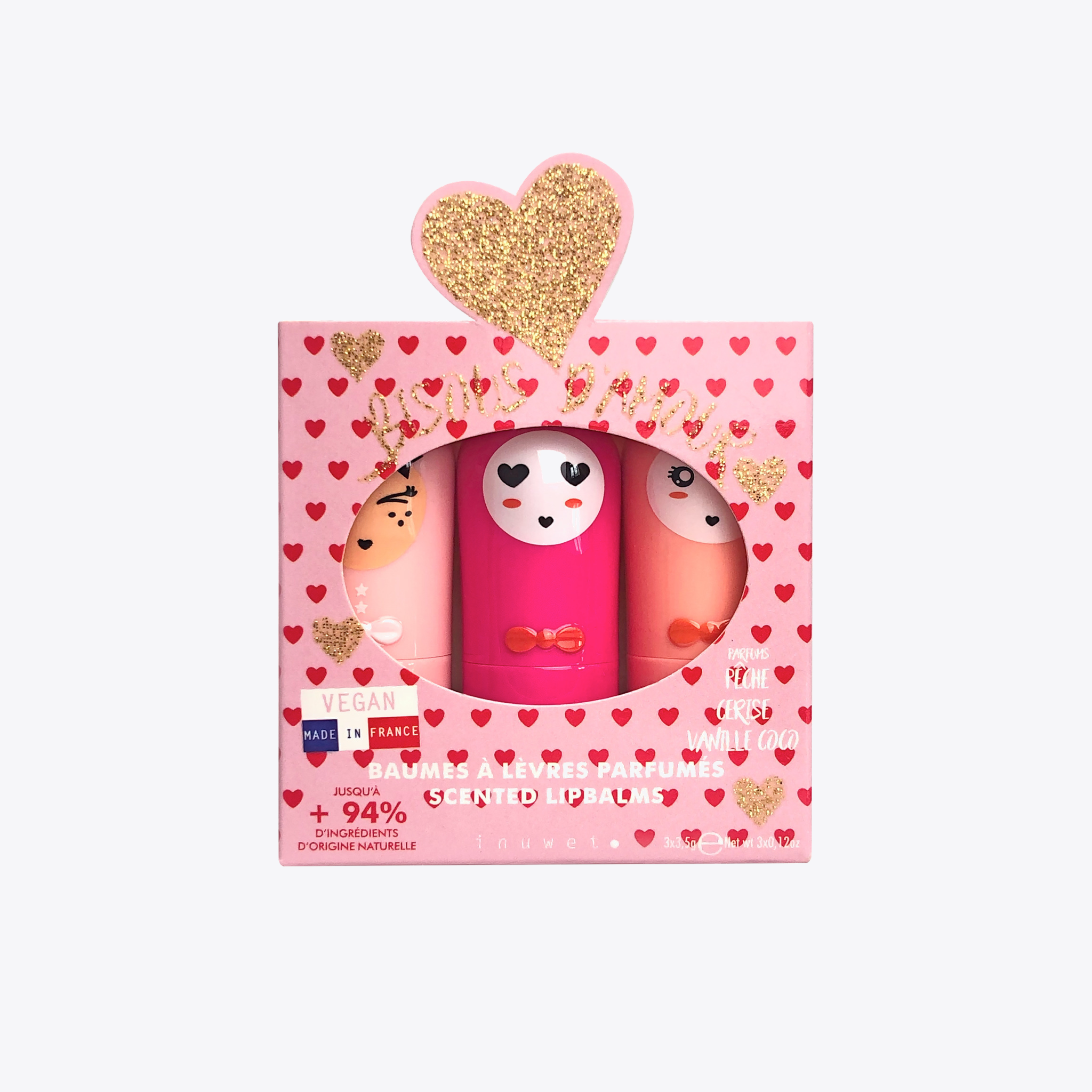 Inuwet Scented Lip Balm Trio - Bisous D'amour - Moisturizing & Long-Lasting Lip Care Set for Dry, Chapped Lips - Perfect for Daily Use, Gifts & Travel