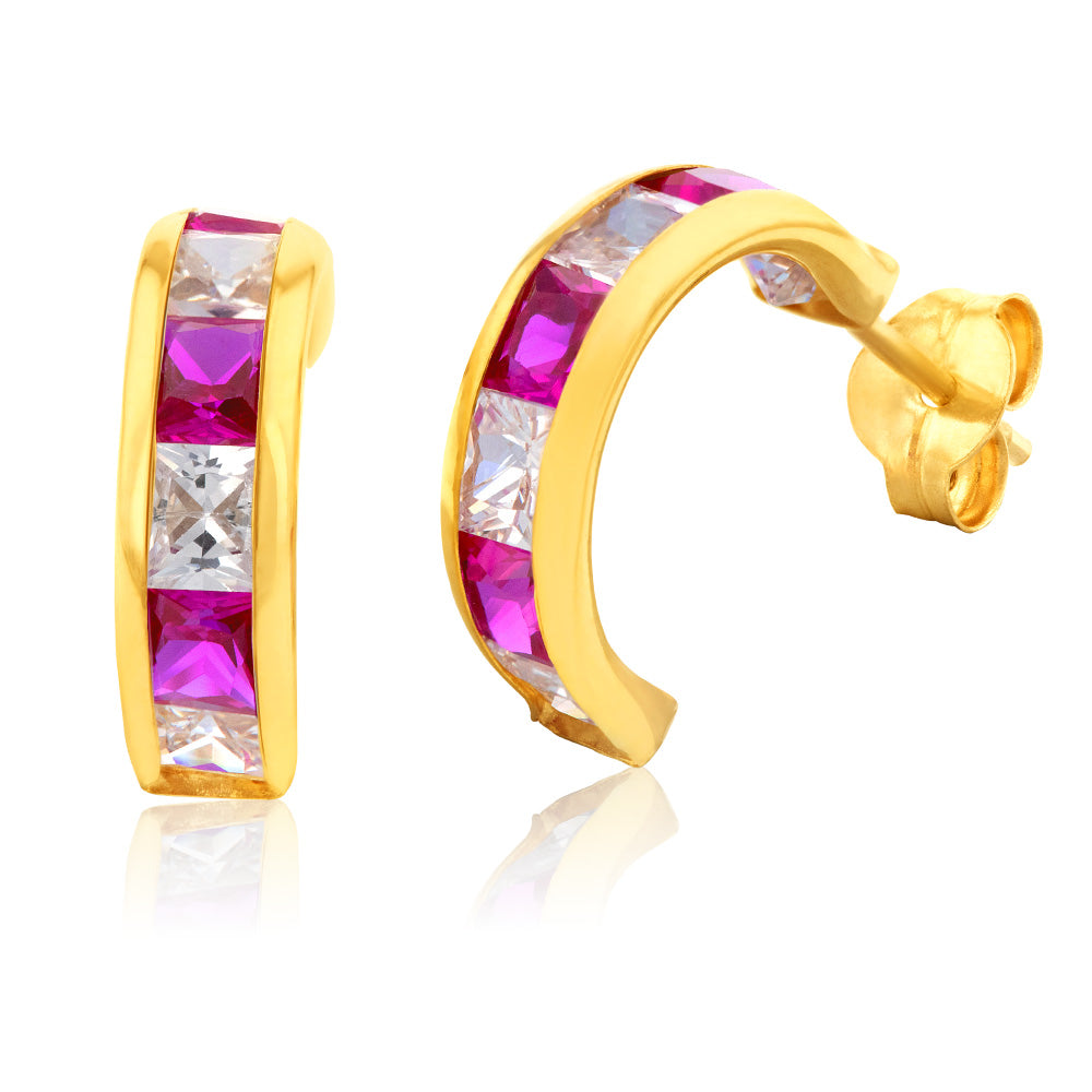 9ct Gold Red and White Zirconia Half Hoop Earrings for Women - Elegant Dangle Earrings for Party, Wedding & Everyday Wear