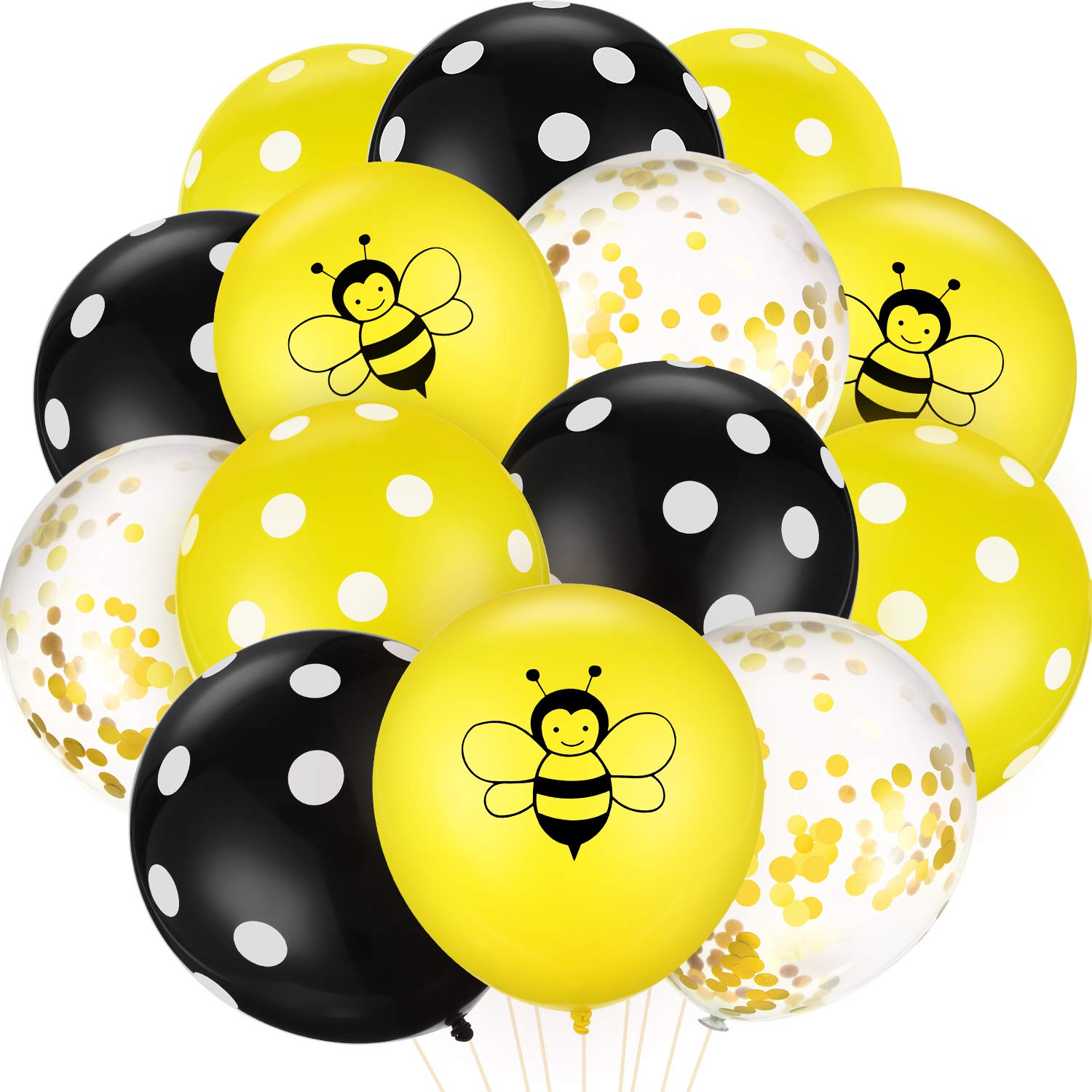 48-Piece Happy Bee Day Balloons Set - Gold Confetti & Polka Dot Latex Balloons with Bee Print for Baby Showers, Birthday Parties, Nursery Decor & Bee-Themed Celebrations