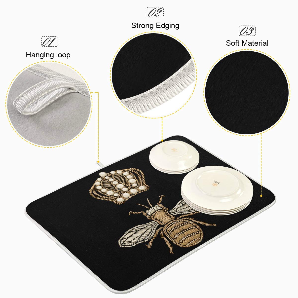 Susiyo Super Absorbent Microfiber Dish Drying Mat with Gold Bee & Crown Design - Heat-Resistant Kitchen Counter Mat (18x24 Inch) - Perfect for Drying Dishes, Protecting Countertops & Organizing Kitchen