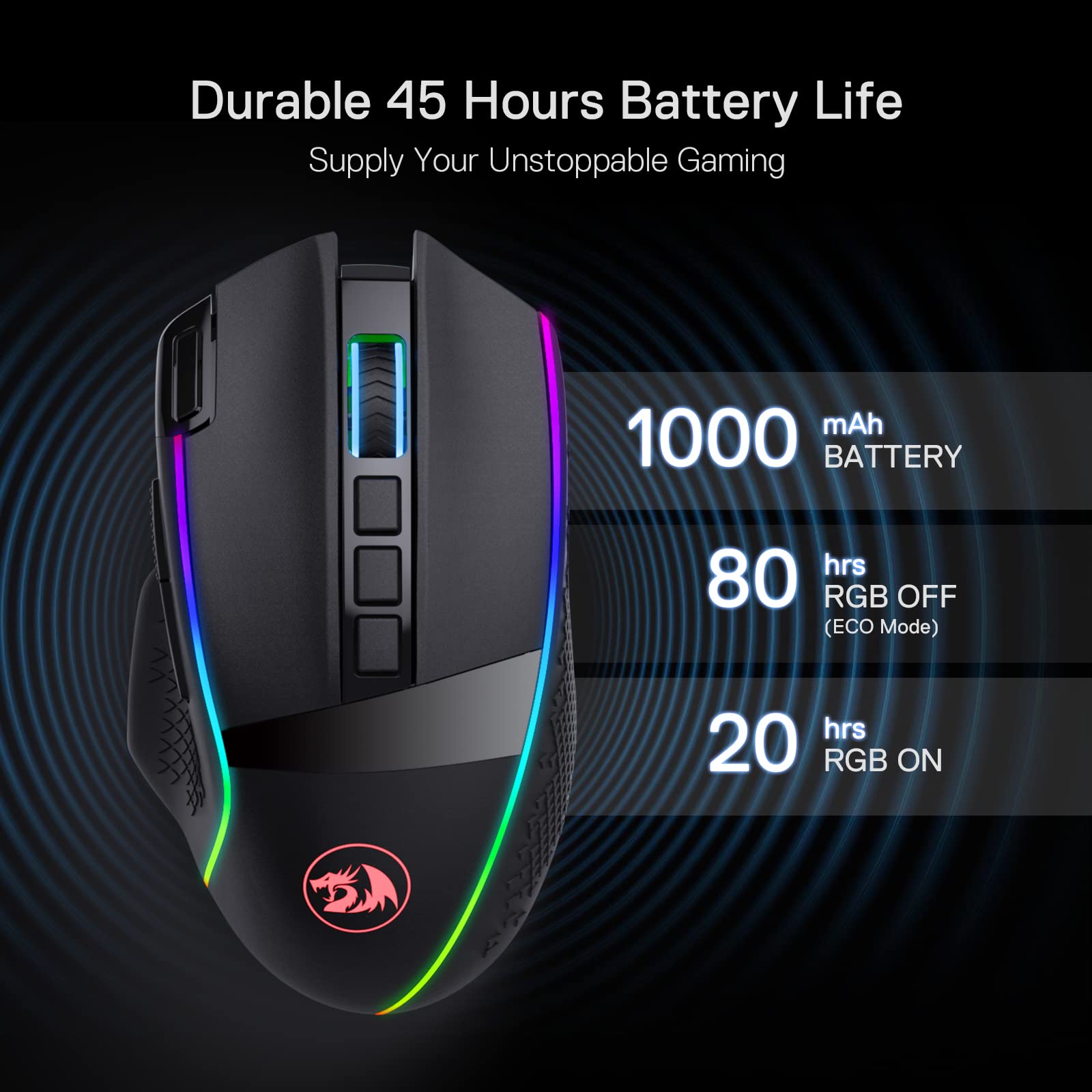 Redragon M991 Wireless Gaming Mouse - 19000 DPI Wired/Wireless Mouse with Rapid Fire Key, 9 Programmable Buttons, 45H Battery Life & RGB Lighting for PC, Mac, Laptop - Perfect for FPS, MOBA & MMO Gaming