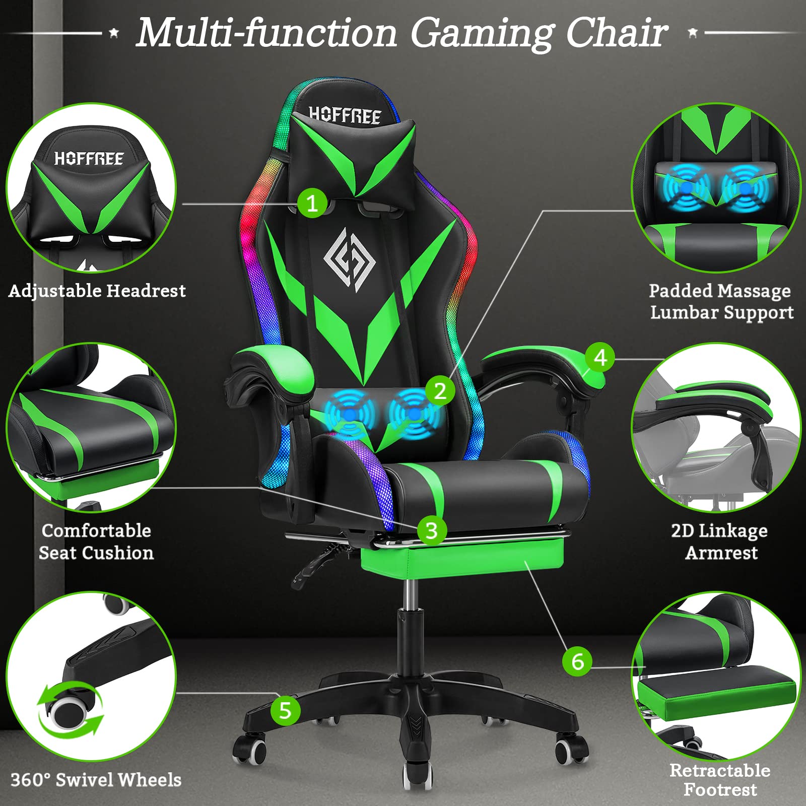 Ergonomic Gaming Chair with Bluetooth Speakers, RGB LED Lights & Lumbar Support - Massage Computer Chair with Adjustable Footrest for PC & Console Gamers (Light Green/Black) - Perfect for Esports, Streaming & Home Office Setup
