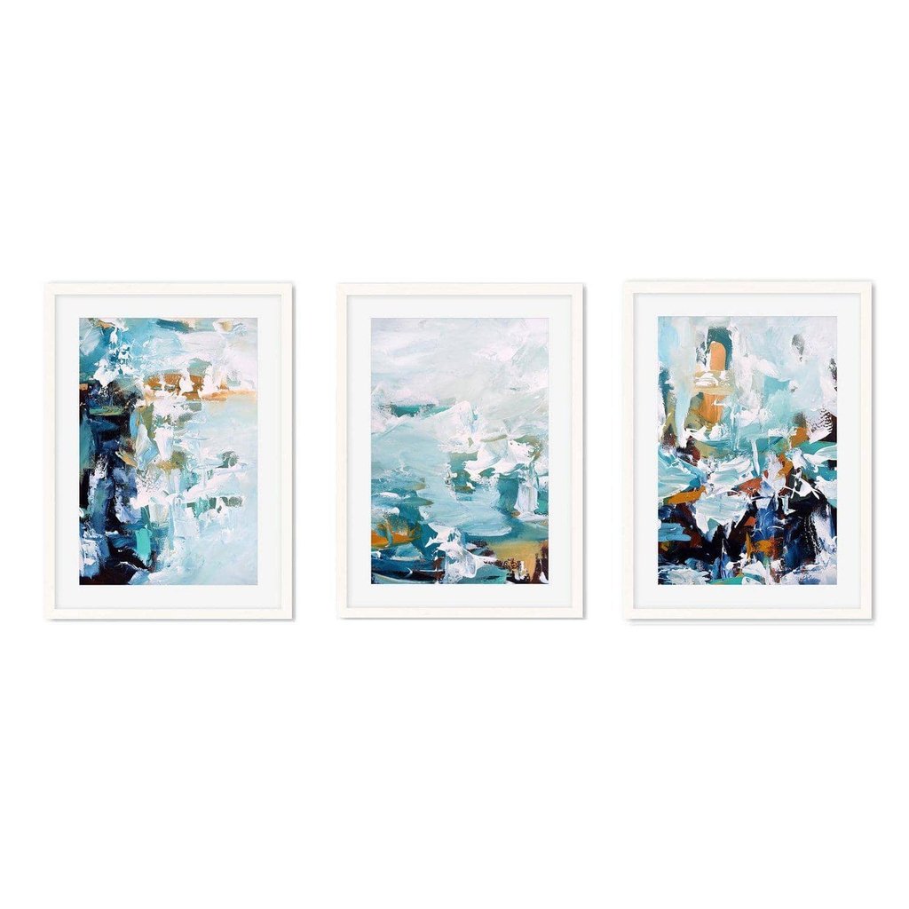 Abstract Teal Blue Waves Art Print Set of 3 - Modern Ocean Themed Wall Decor for Living Room, Bedroom & Office