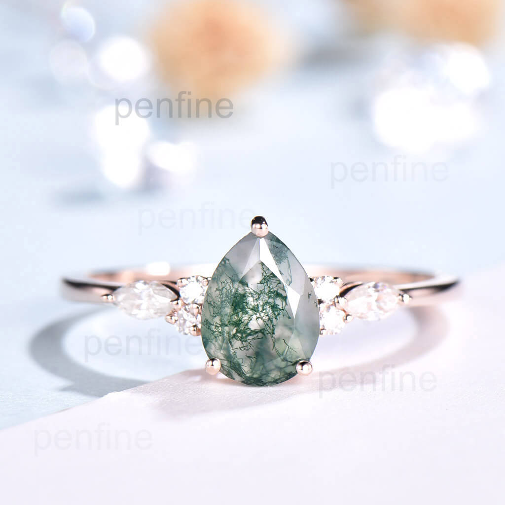 Exquisite Pear-Shaped Moss Agate Nadia Engagement Ring with Round Prong Setting - Perfect for Proposals, Weddings & Anniversary Gifts
