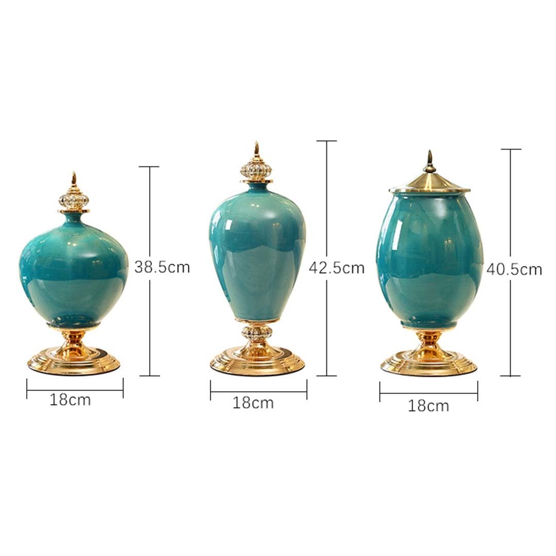 2X 40cm Ceramic Oval Flower Vase with Gold Metal Base - Modern Home Decor for Living Room, Dining Table, Wedding Centerpiece (Green)