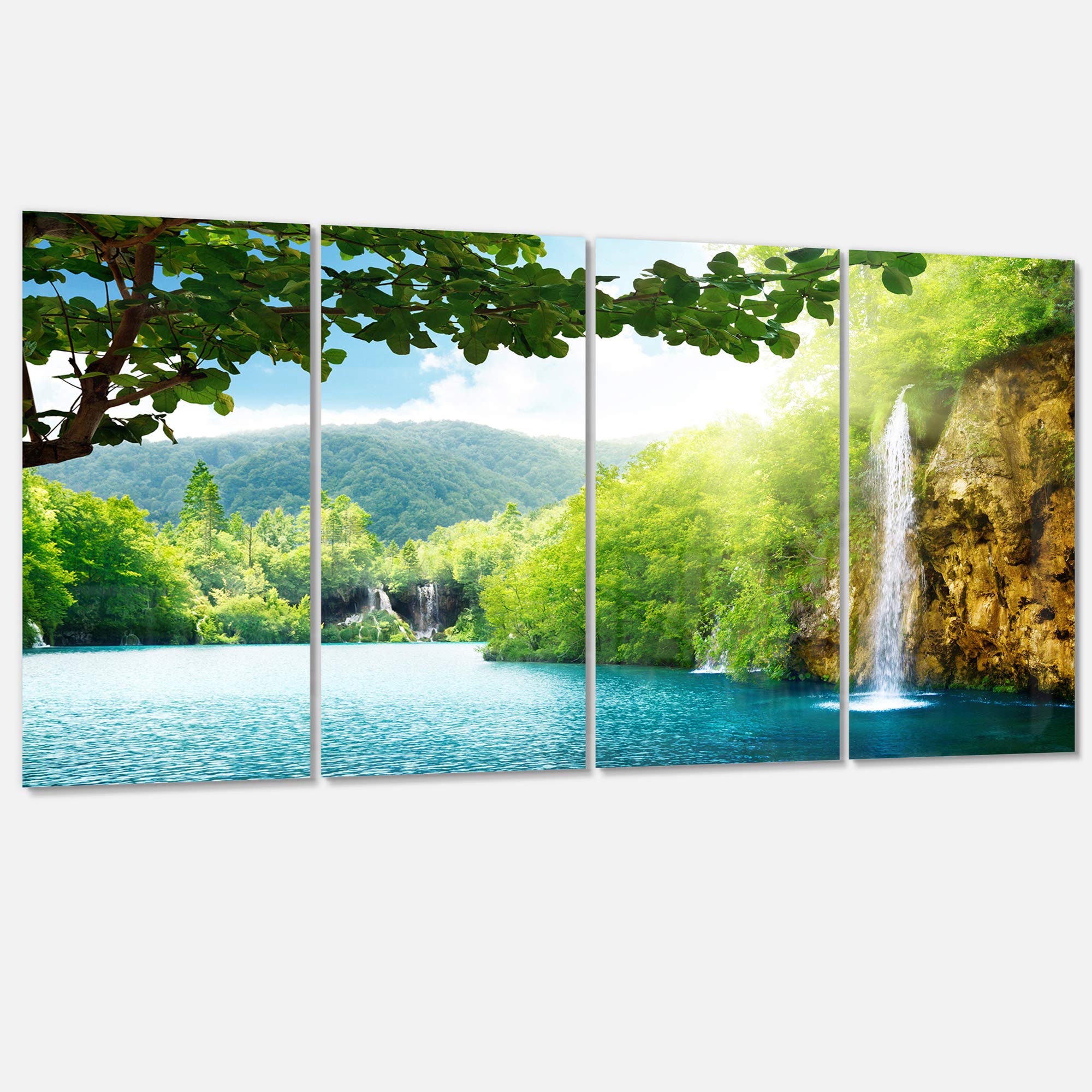 Waterfall in Deep Forest Landscape Photography Metal Wall Art - 4 Panels 48x28 Inches - Nature Themed Home Decor for Living Room, Bedroom & Office - MT6940