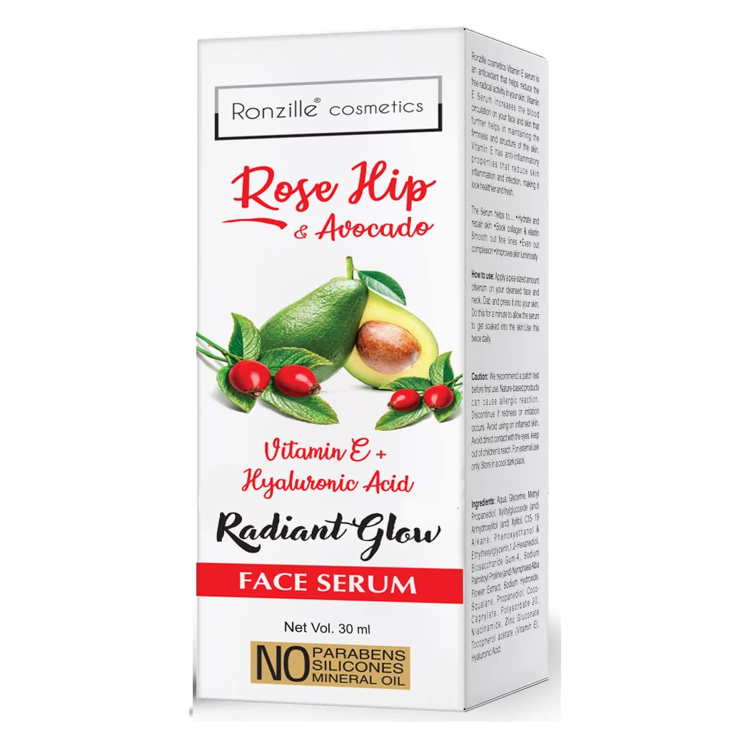 RONZILLE Rose Hip & Avocado Vitamin-E + Hyaluronic Acid Face Serum for Radiant Glow - 30ml Anti-Aging Moisturizer for Dry Skin, Day & Night Use