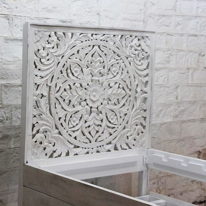 Hand Carved Indian Sera Wooden Trundle Single Bed - White | Solid Wood Frame | Space Saving Guest Bed | Perfect for Kids Rooms, Small Apartments & Guest Bedrooms