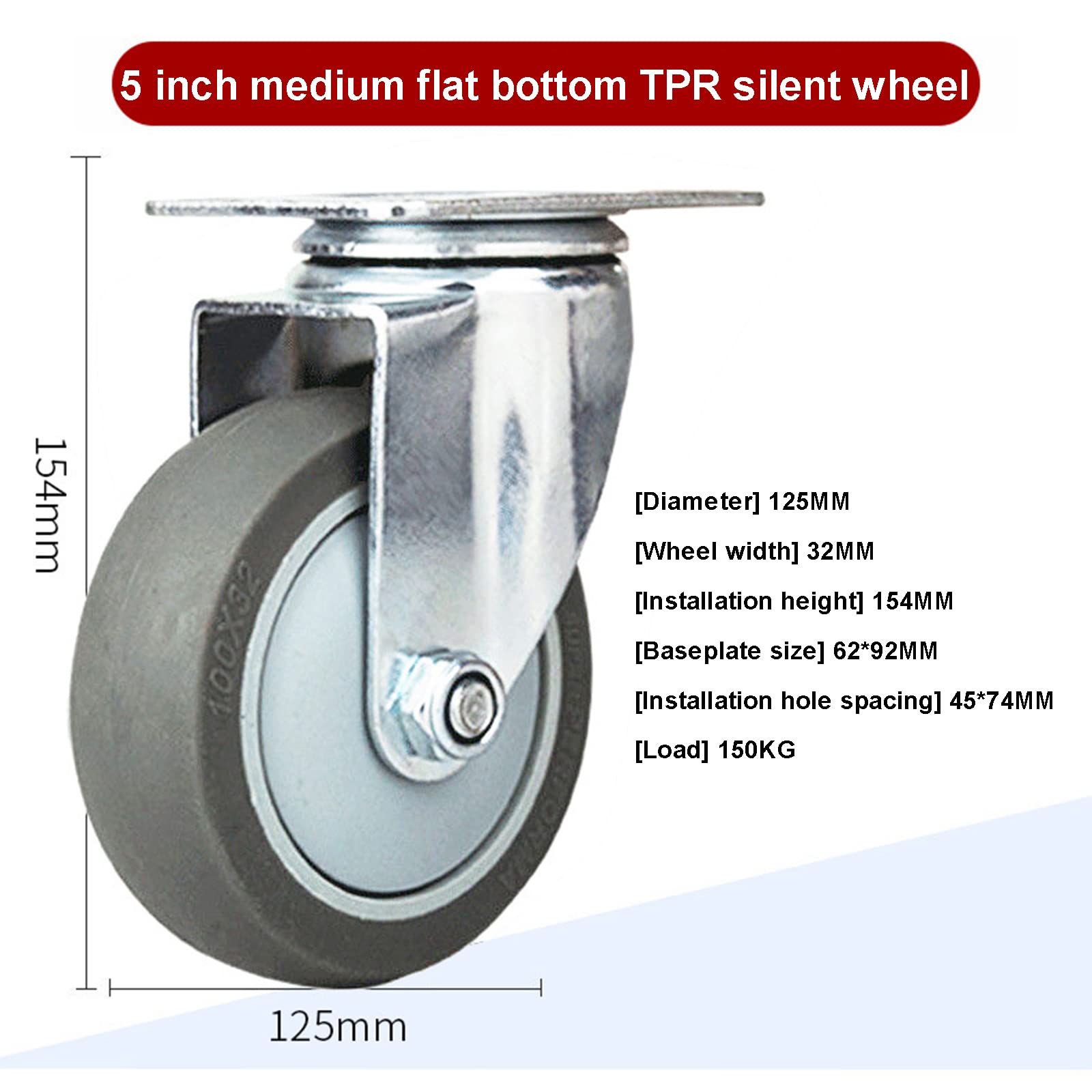 4 Pack Heavy Duty Swivel Caster Wheels with Rubber Base & Bearing - 5 Inch Universal Silent Casters for Furniture, Trolleys, Carts & Industrial Equipment - Smooth Rolling for Home, Office & Warehouse Use